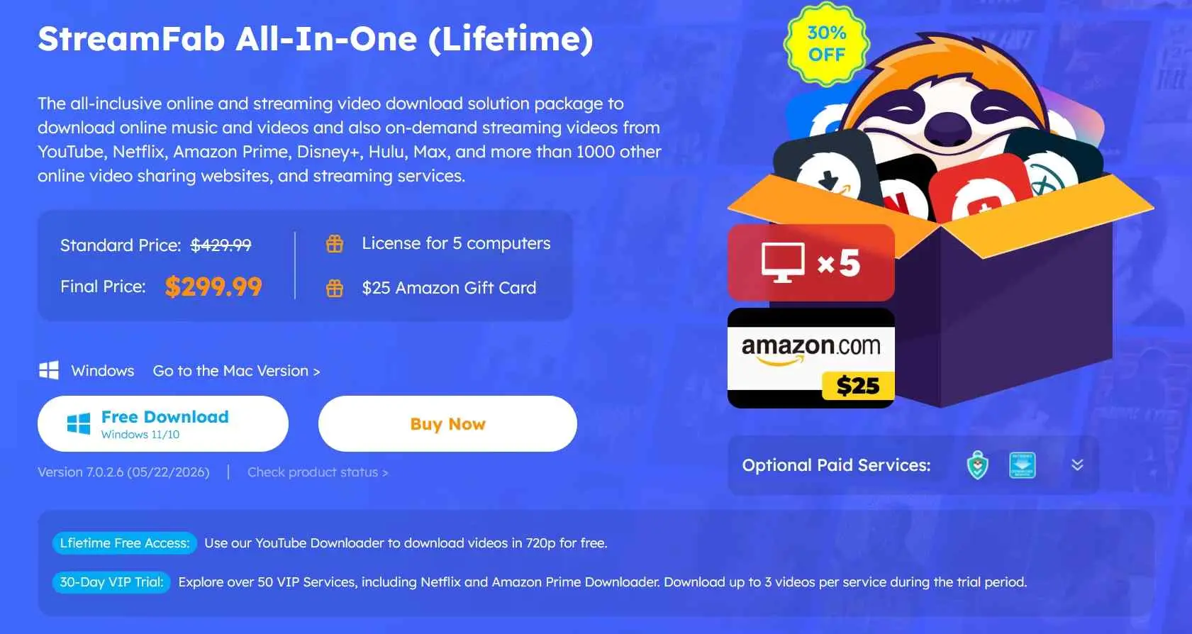 Offizielle StreamFab-Downloadseite mit der Schaltfläche Kostenlos Downloaden für Windows