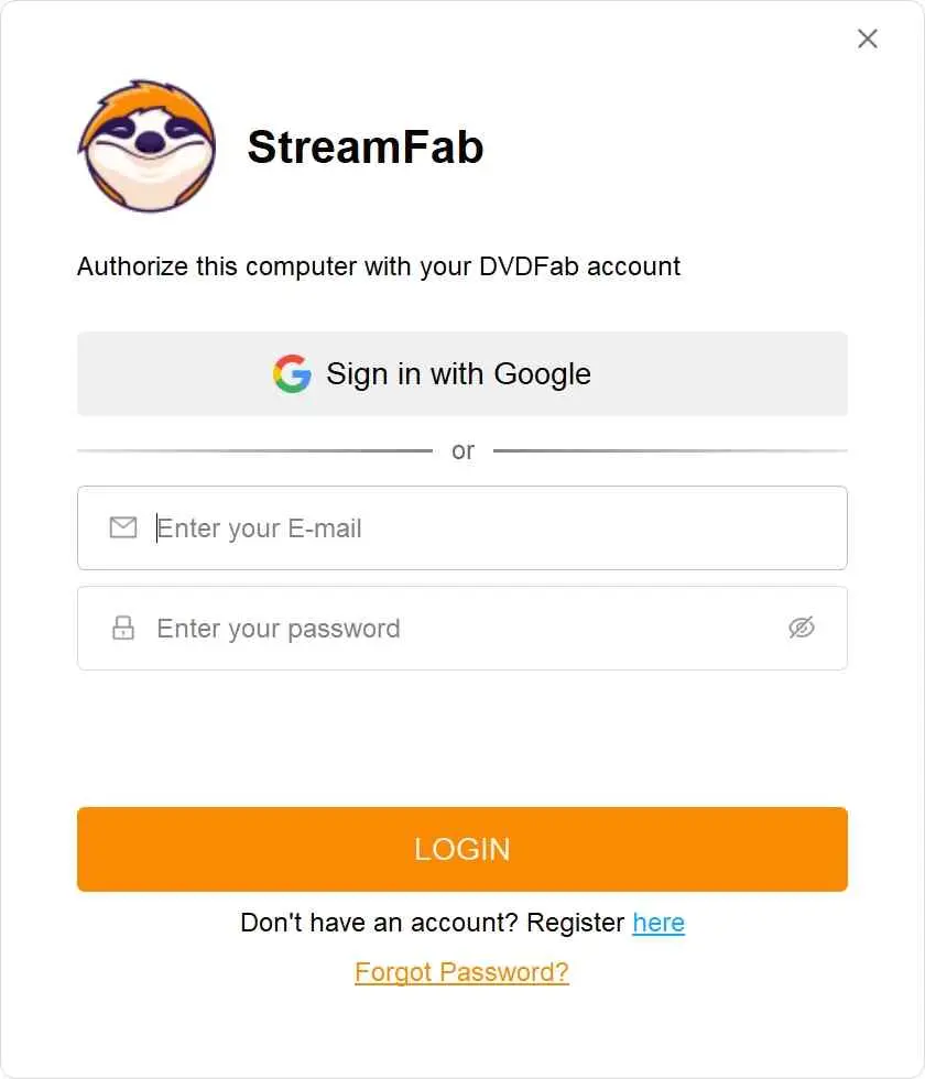 StreamFab-Anmeldebildschirm mit E-Mail- und Google-Anmeldeoptionen