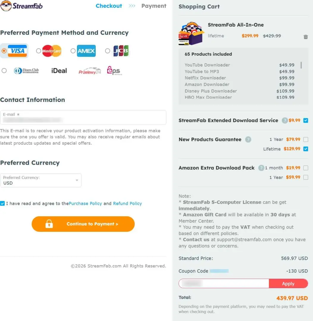 Formulario de pago de StreamFab con campo de correo electrónico