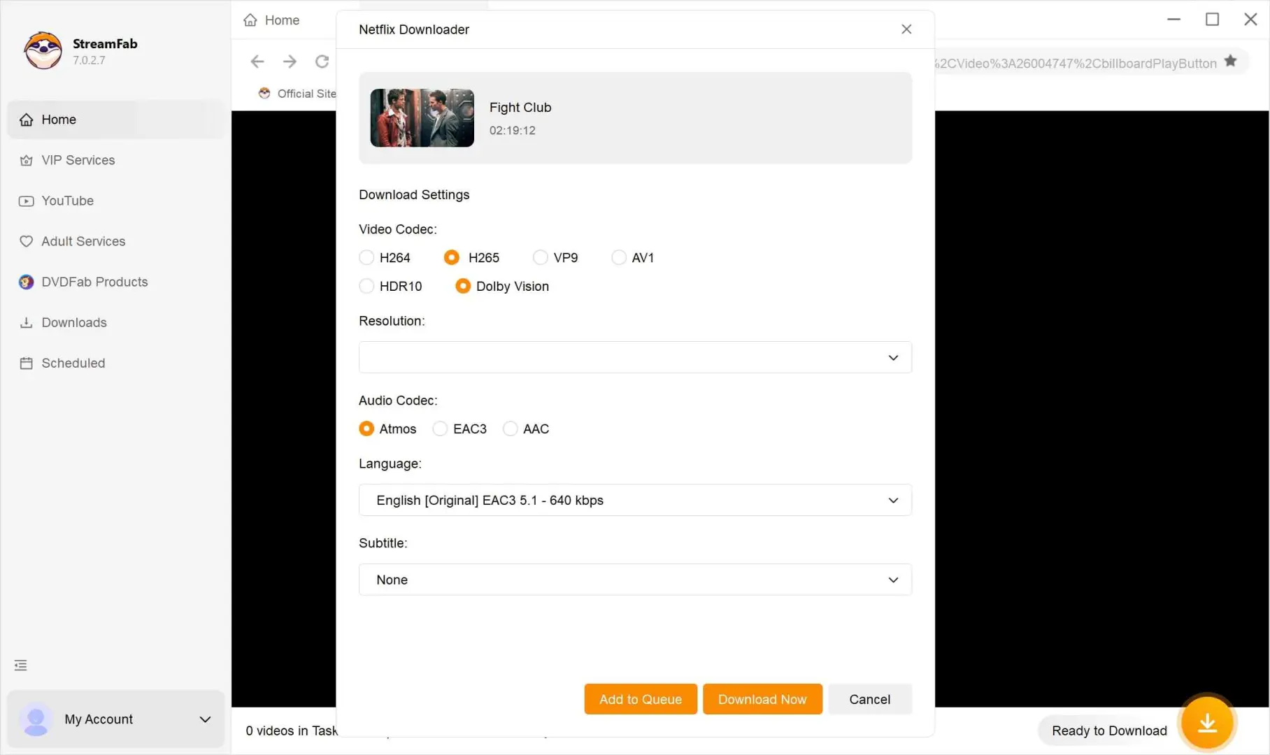 StreamFab mostrando el panel de configuración tras detectar el flujo DRM-MPD de Netflix
