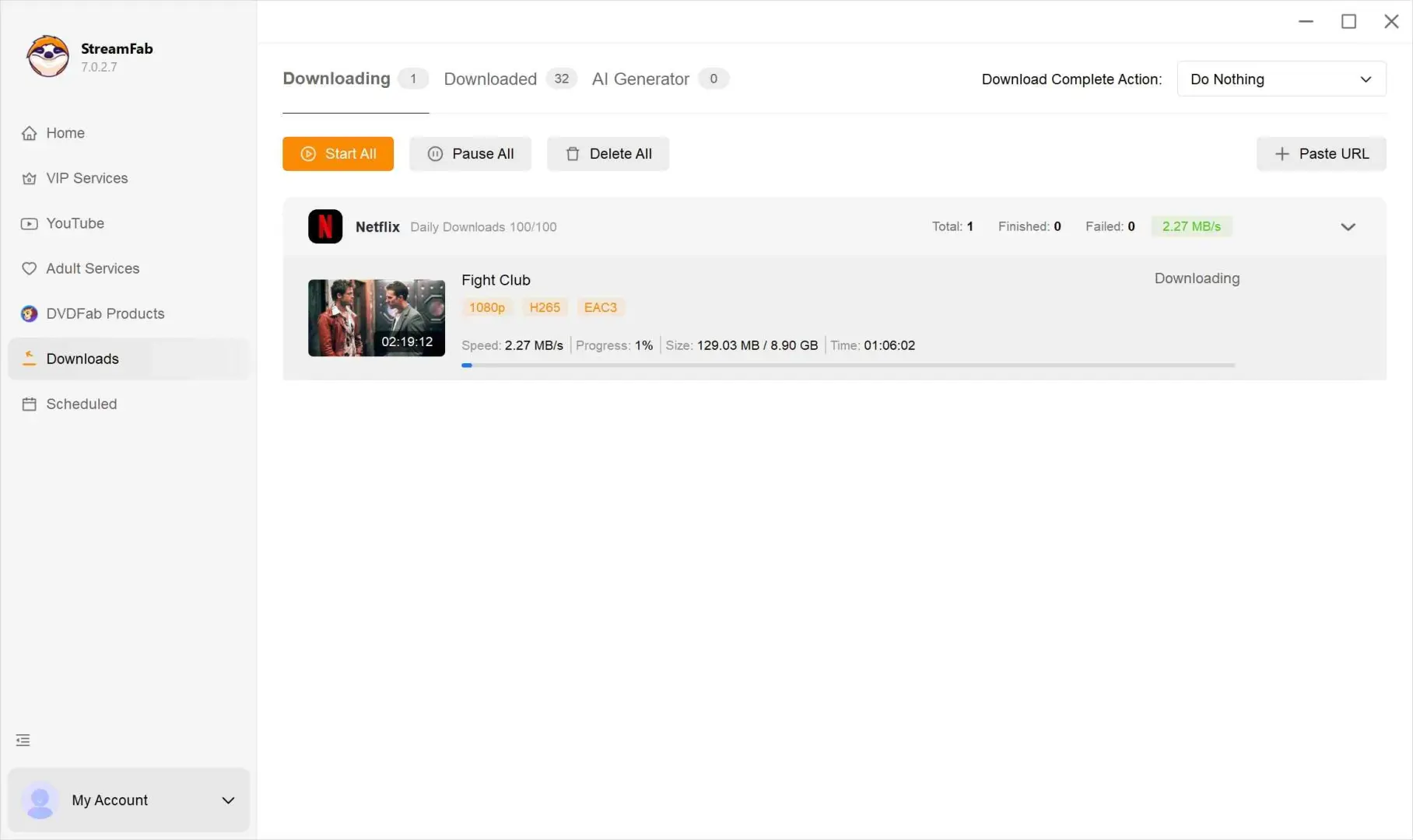 Cola de descarga de StreamFab procesando flujo DRM-MPD con progreso en tiempo real