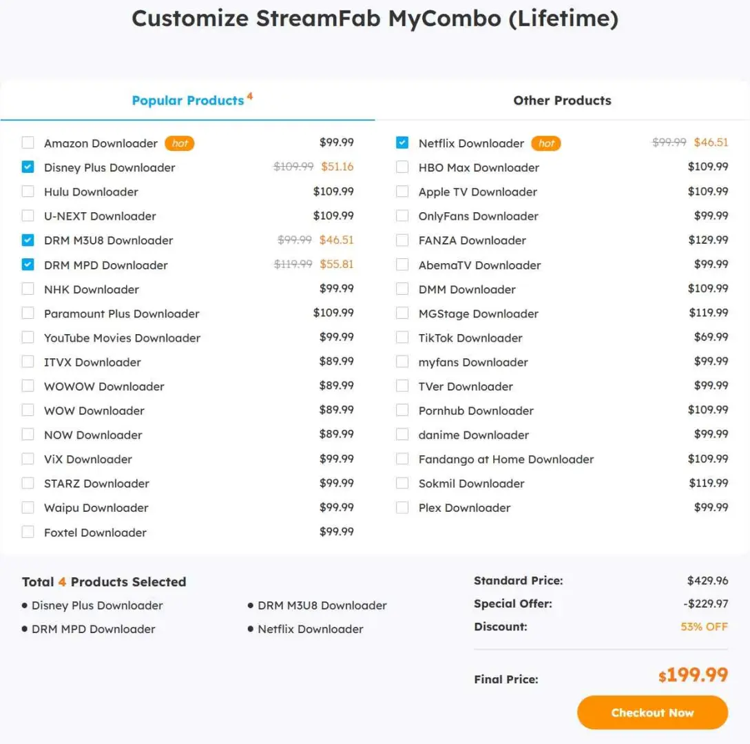 StreamFab MyCombo configurator showing module selection and bundle pricing options