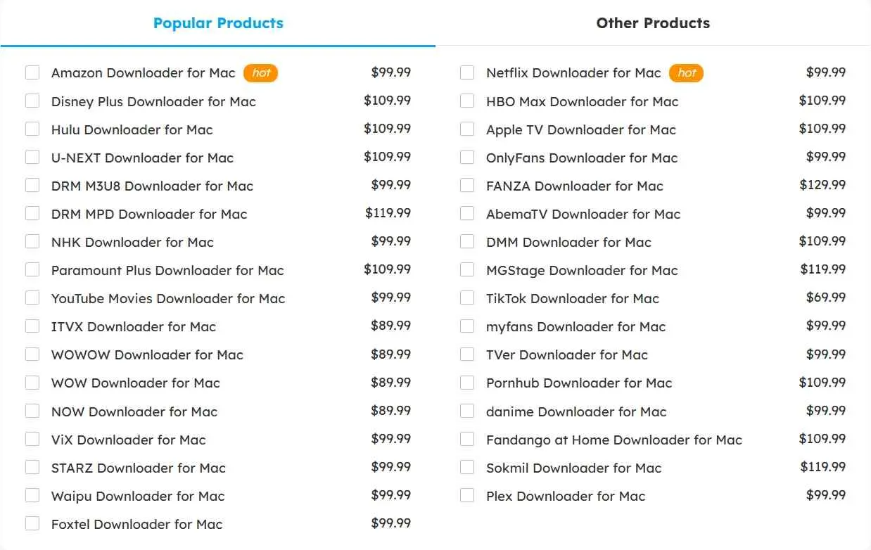 StreamFab MyCombo catalog selector showing available and unavailable modules