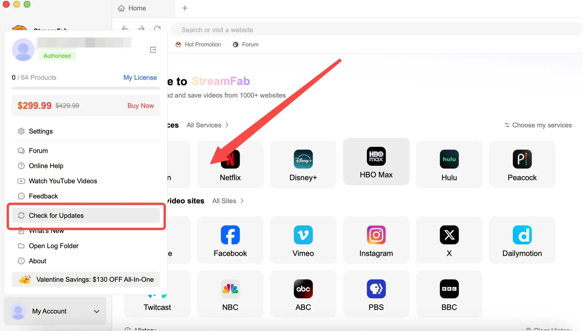 StreamFab update menu for checking the installed build