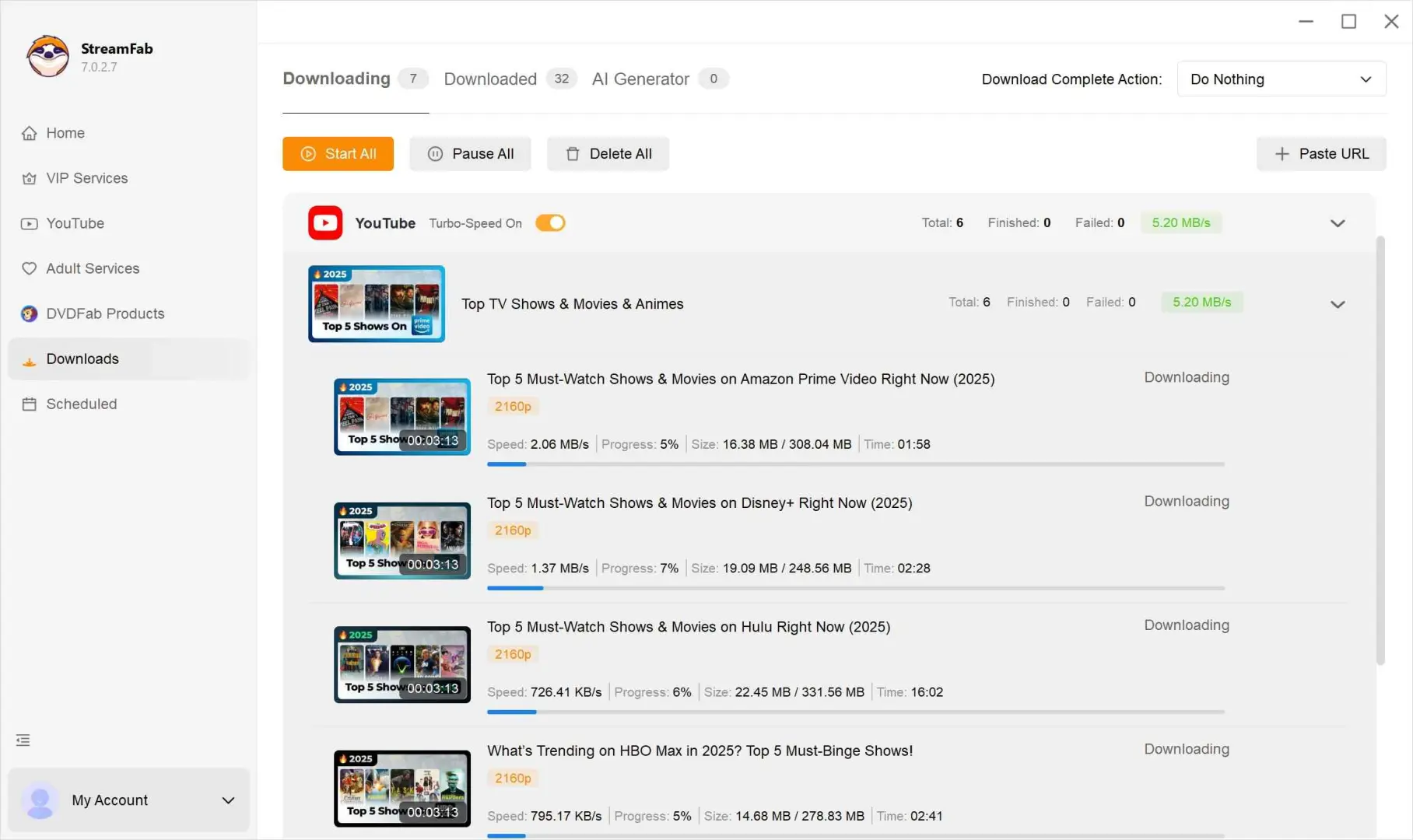 StreamFab YouTube Downloader queue with playlist items ready to save