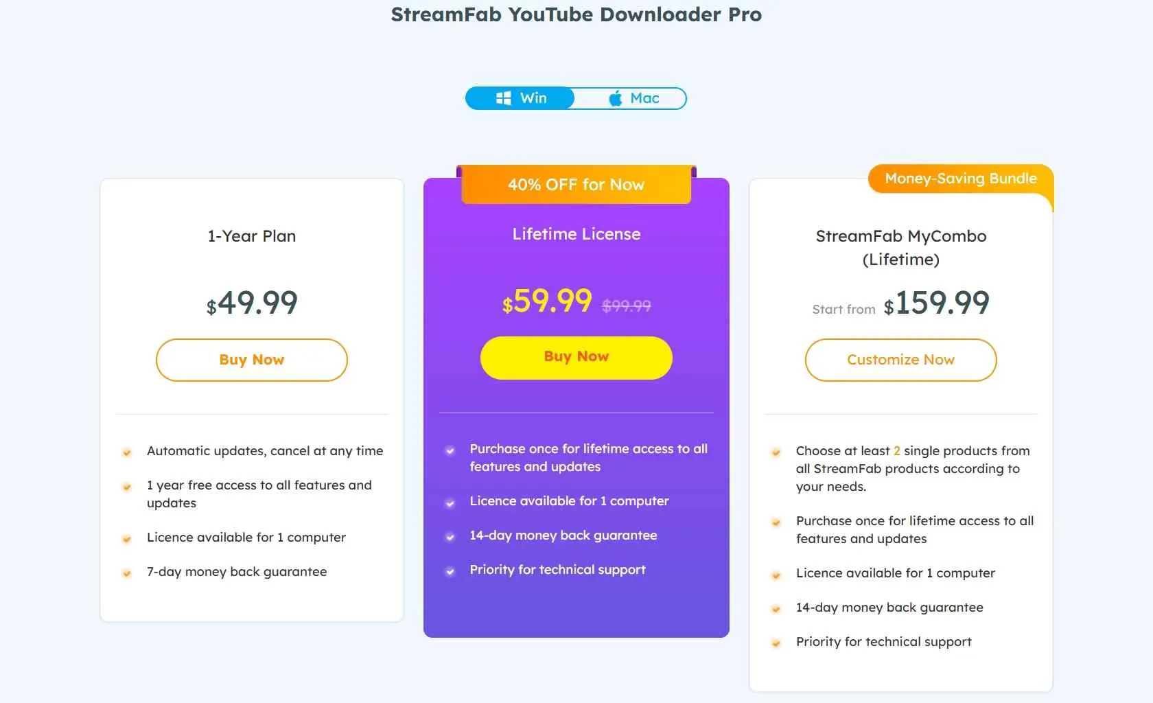 StreamFab YouTube Downloader license options screen