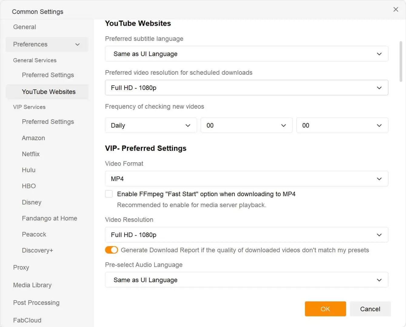 StreamFab settings for quality selection and output folder