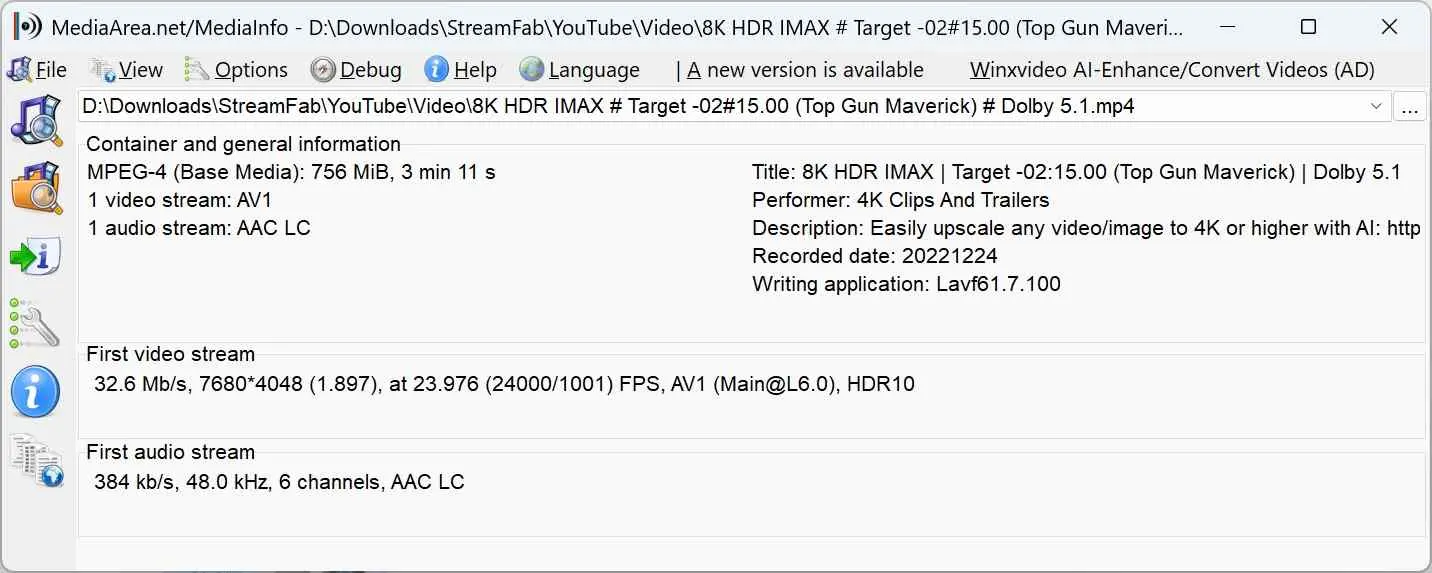 MediaInfo view of a StreamFab YouTube file's resolution and codec