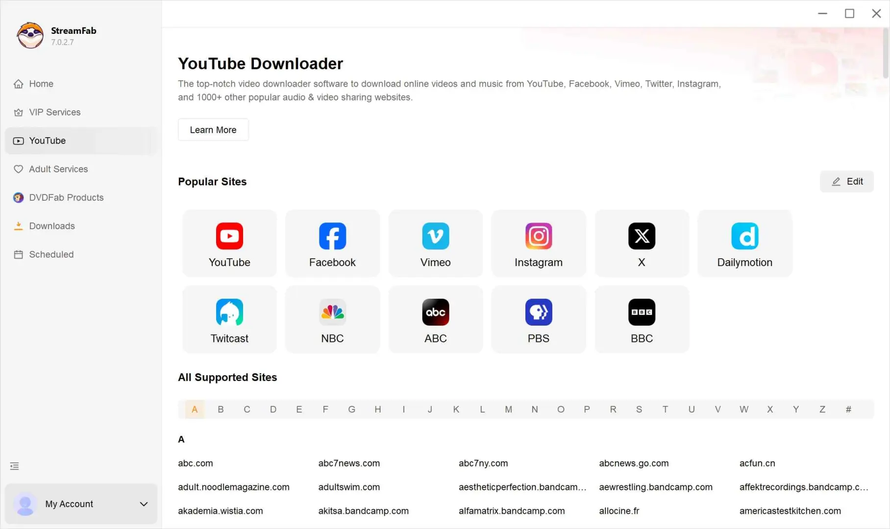 StreamFab YouTube service selector in the desktop navigation