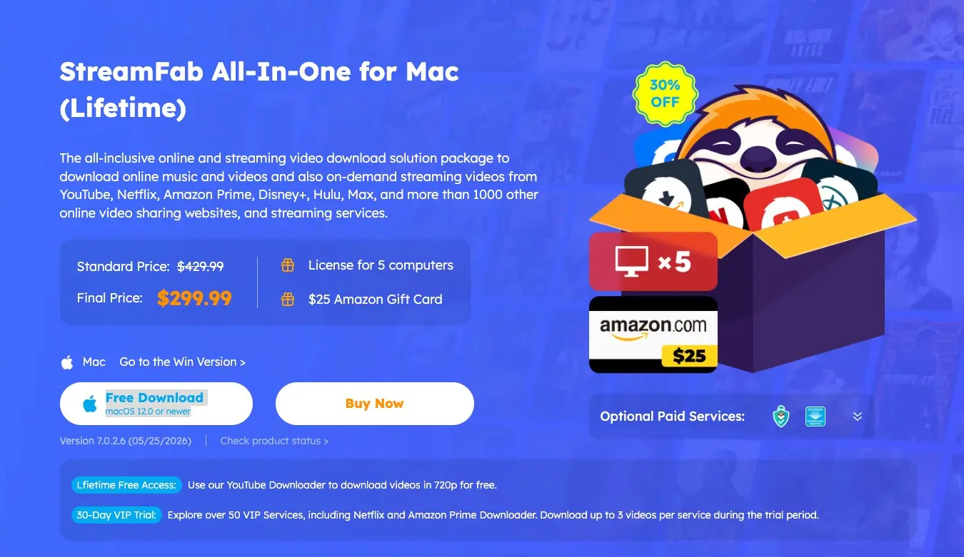 StreamFab All-In-One service browser and offline-save controls