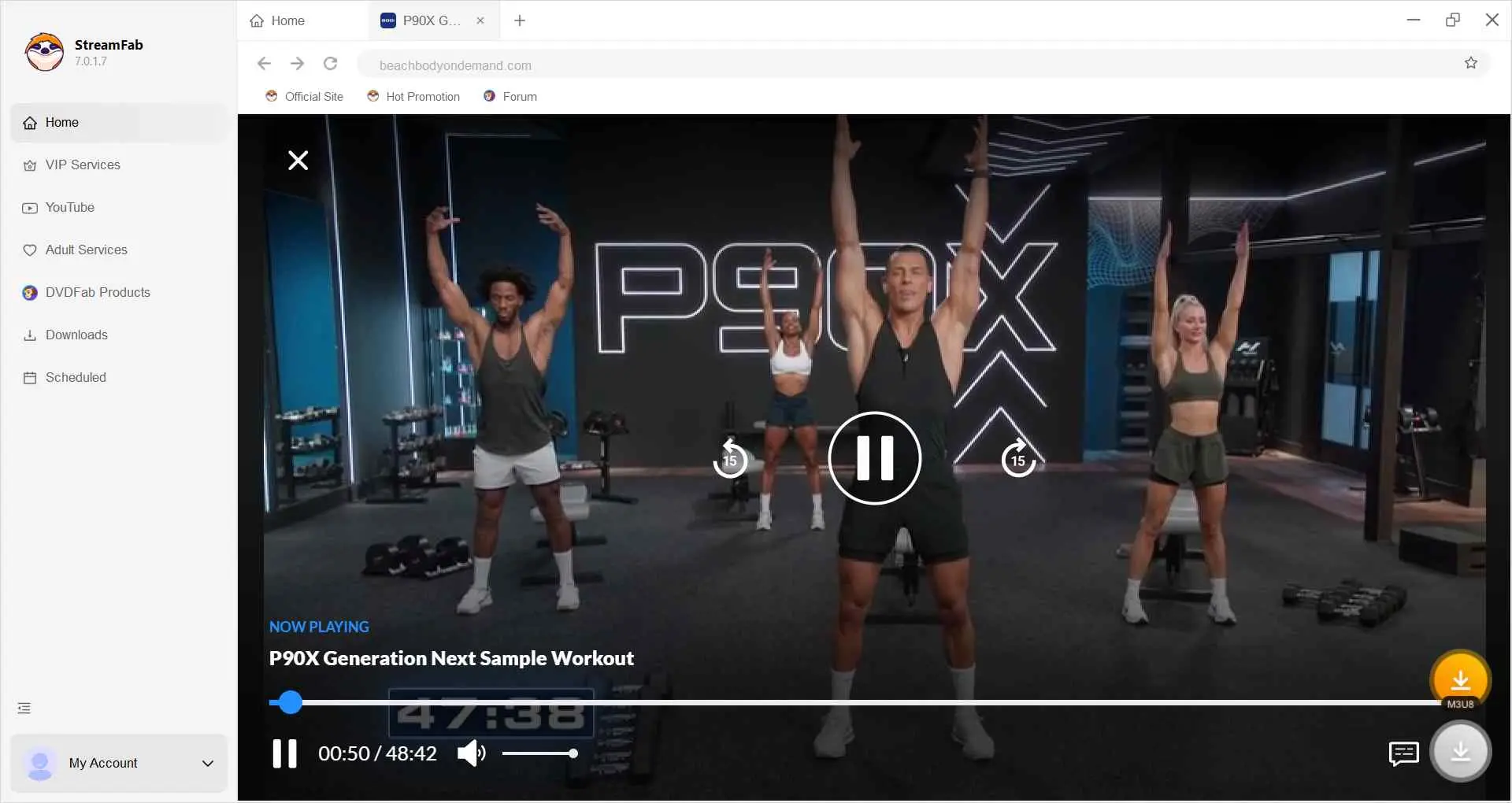 StreamFab browser with a BODi workout page