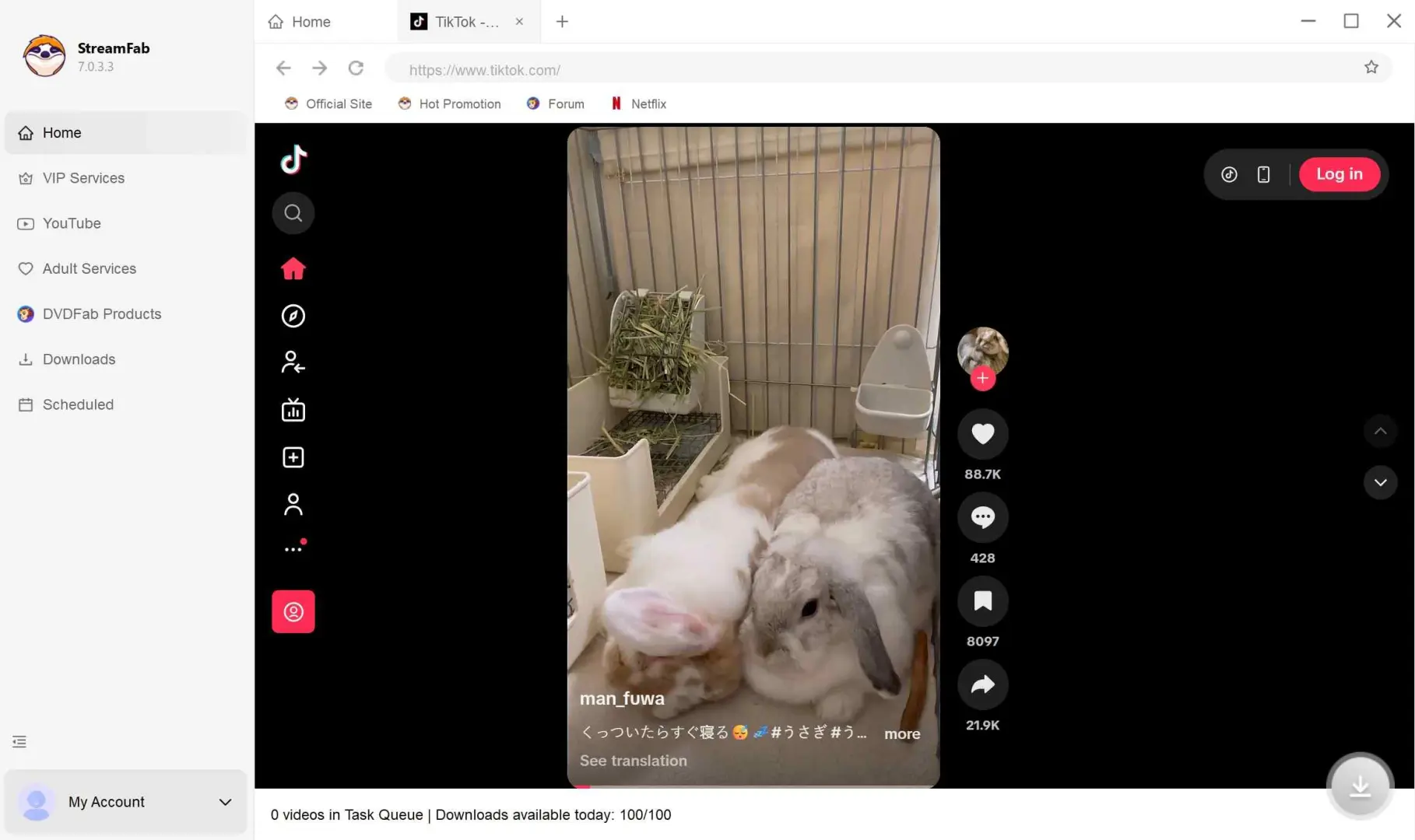 StreamFab built-in browser displaying TikTok feed for selecting videos to download as MP4