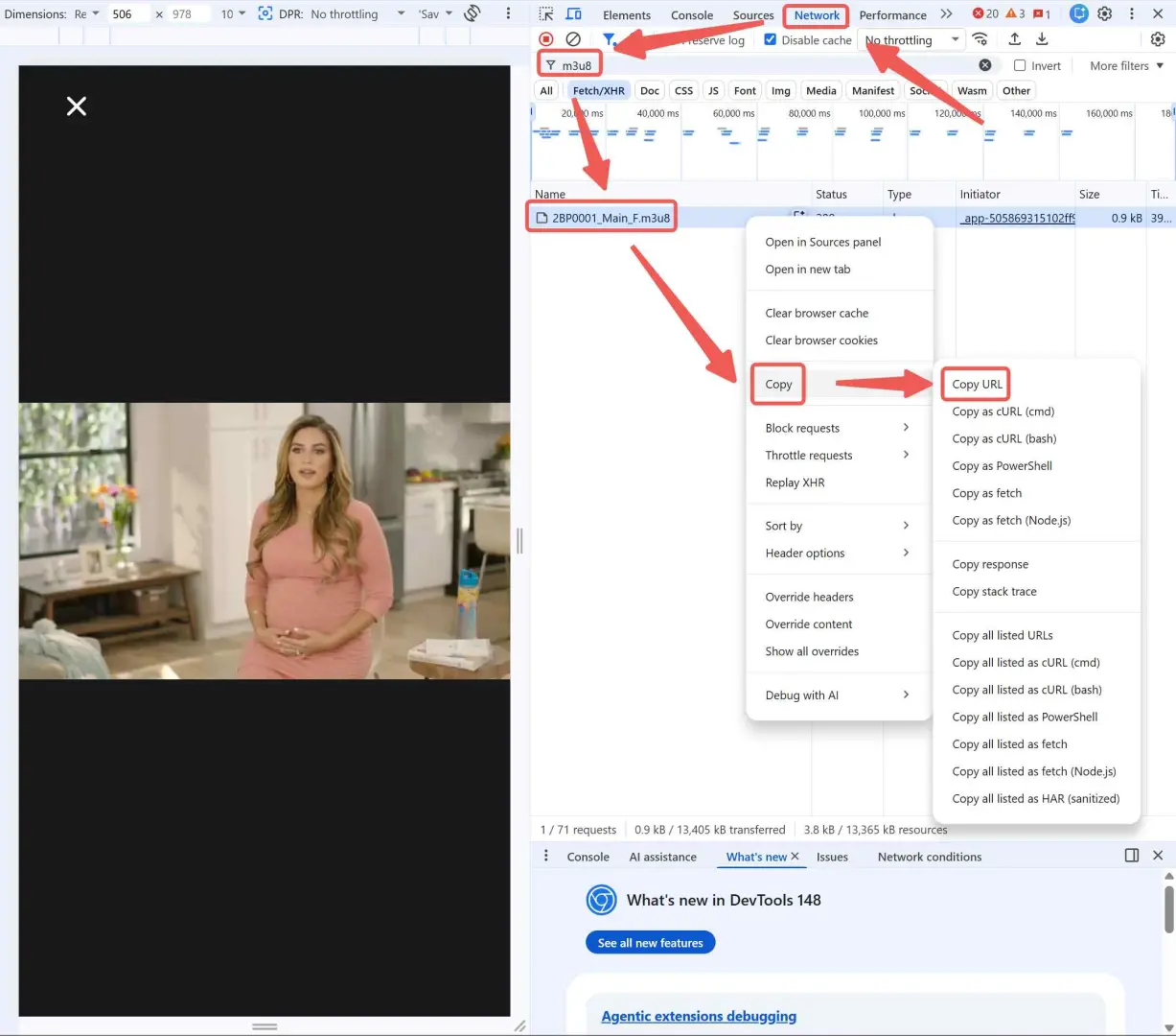 How to find M3U8 link using browser DevTools Network tab