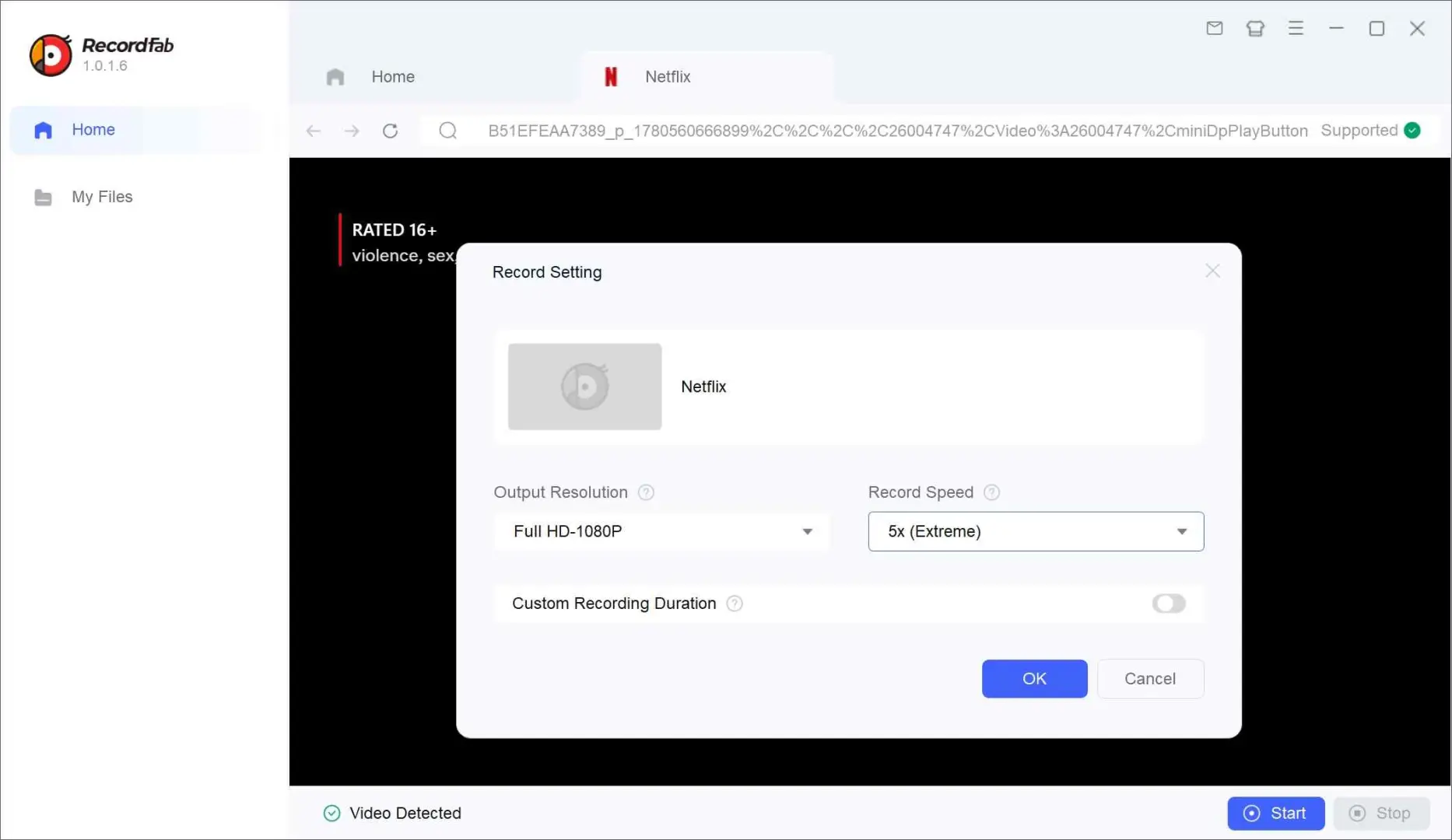 RecordFab main interface showing the built-in browser and recording controls