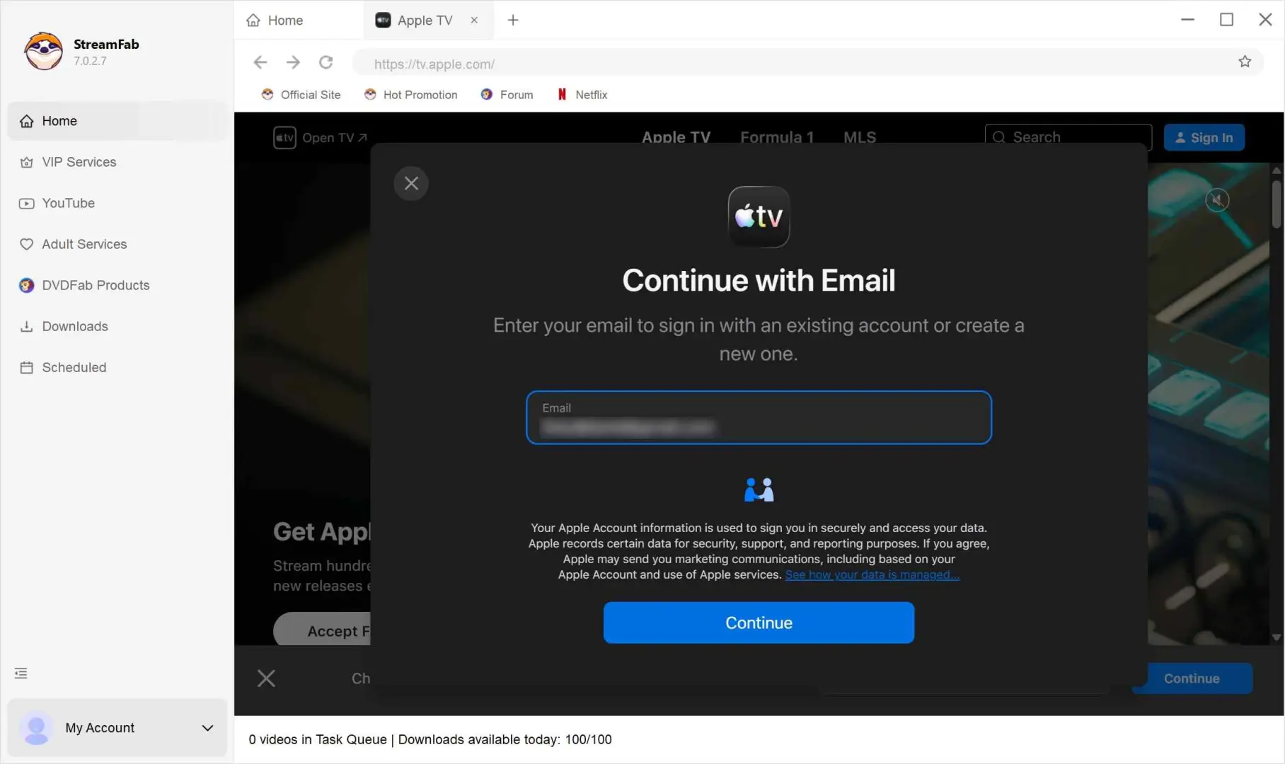 Apple TV+ login screen within StreamFab browser