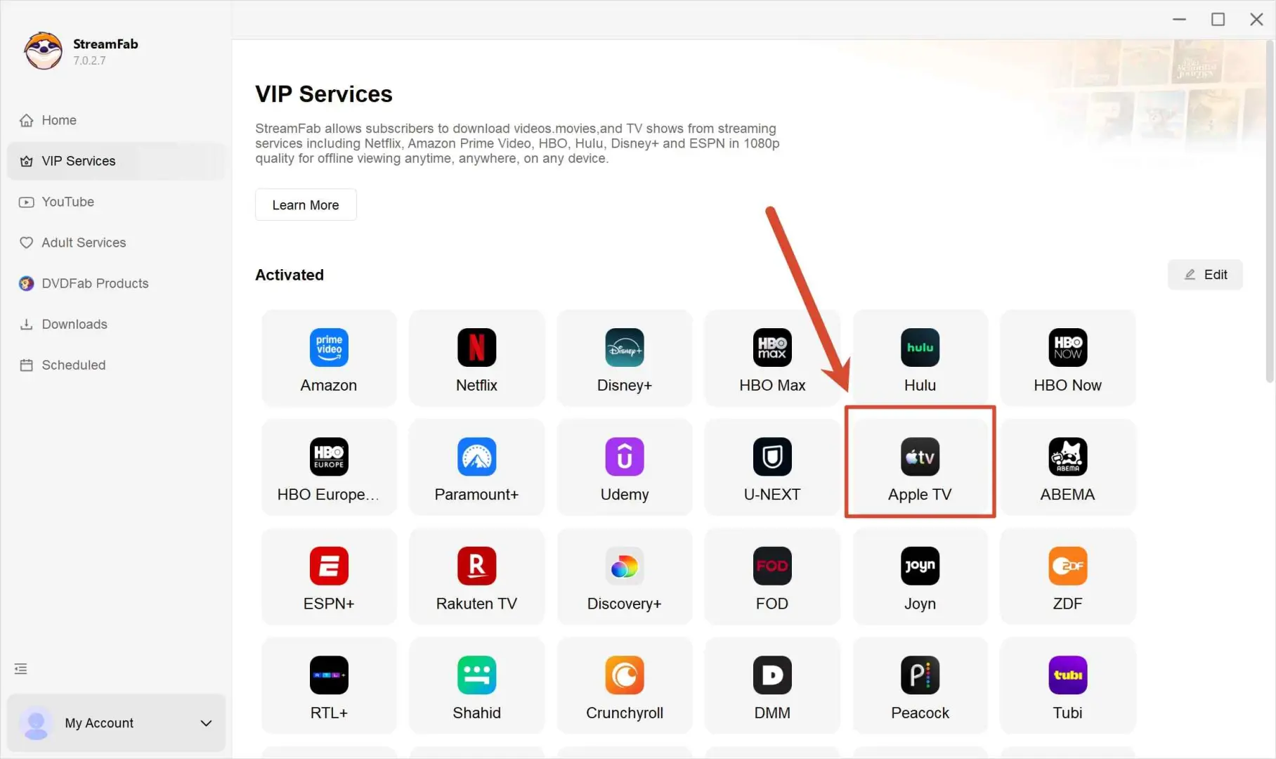 StreamFab main interface showing Apple TV+ service selection