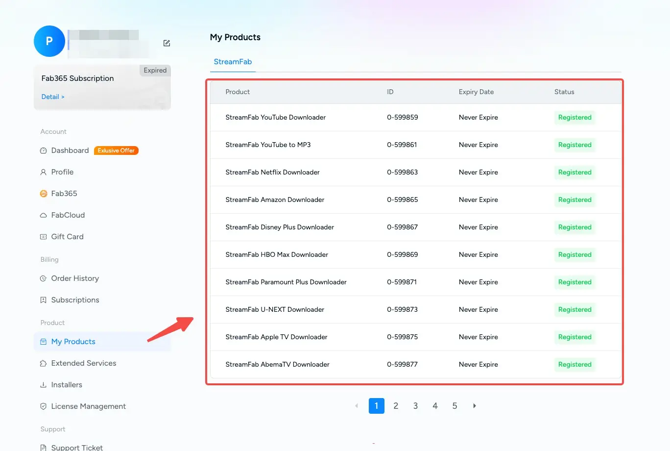 StreamFab My Products screen for checking licensed services