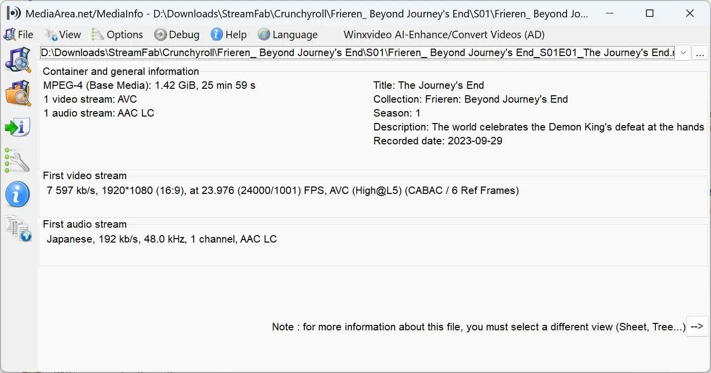 MediaInfo analysis of a downloaded Crunchyroll episode showing 1080p H.264 video and AAC audio specs