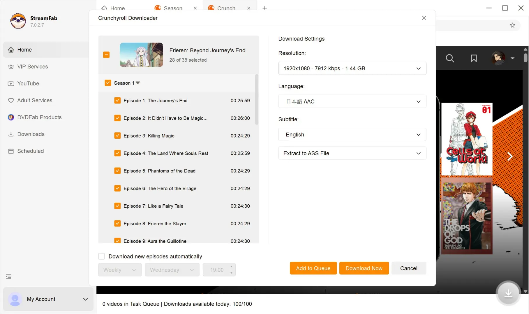 StreamFab download settings panel showing subtitle format selection and quality options for Crunchyroll