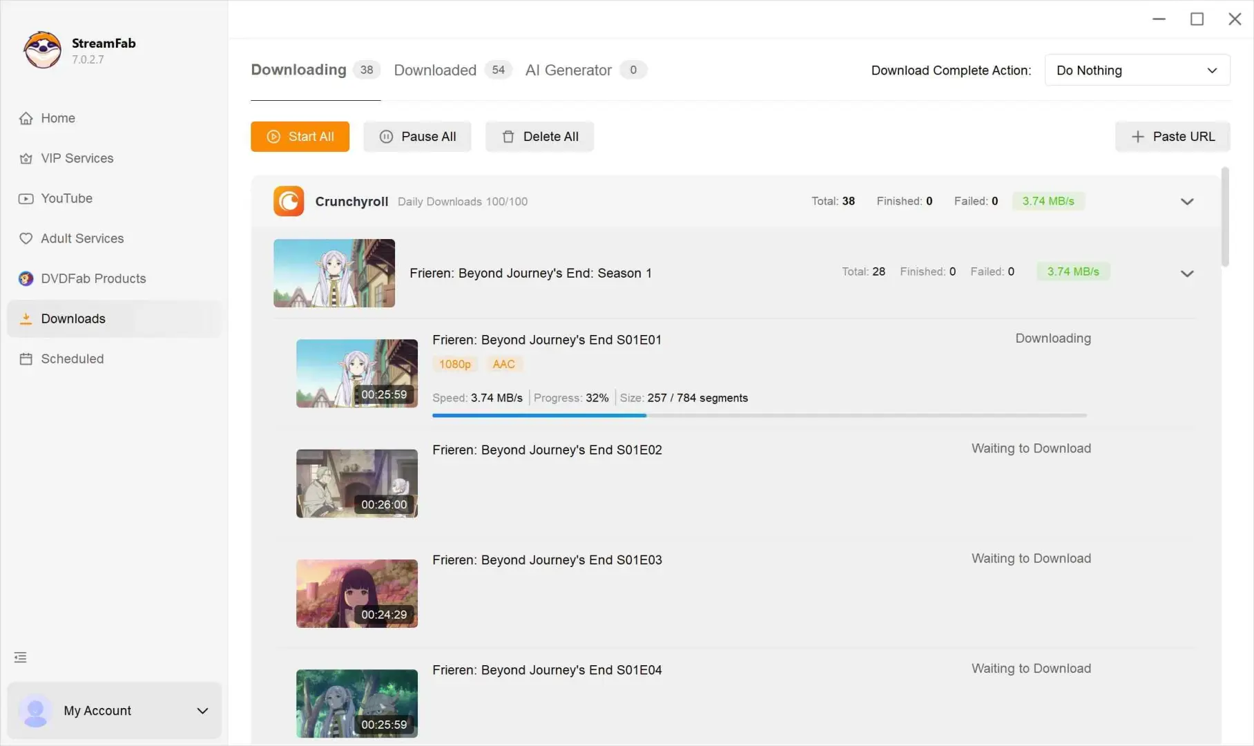 StreamFab download progress showing multiple Crunchyroll episodes being processed with speed and ETA indicators
