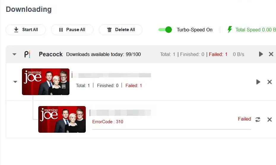 StreamFab Help menu showing the Check for Updates dialog with a new build available to resolve DRM-related error codes