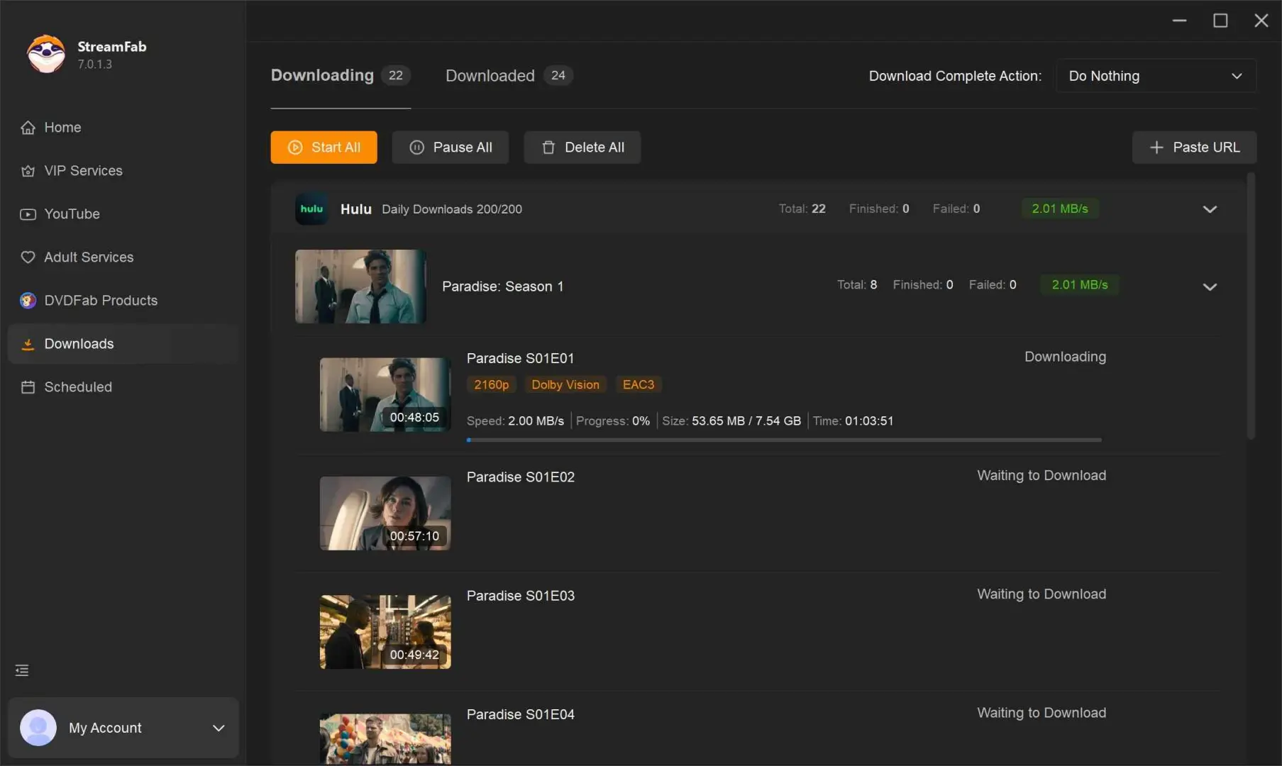 StreamFab Hulu Downloader queue showing episode download progress