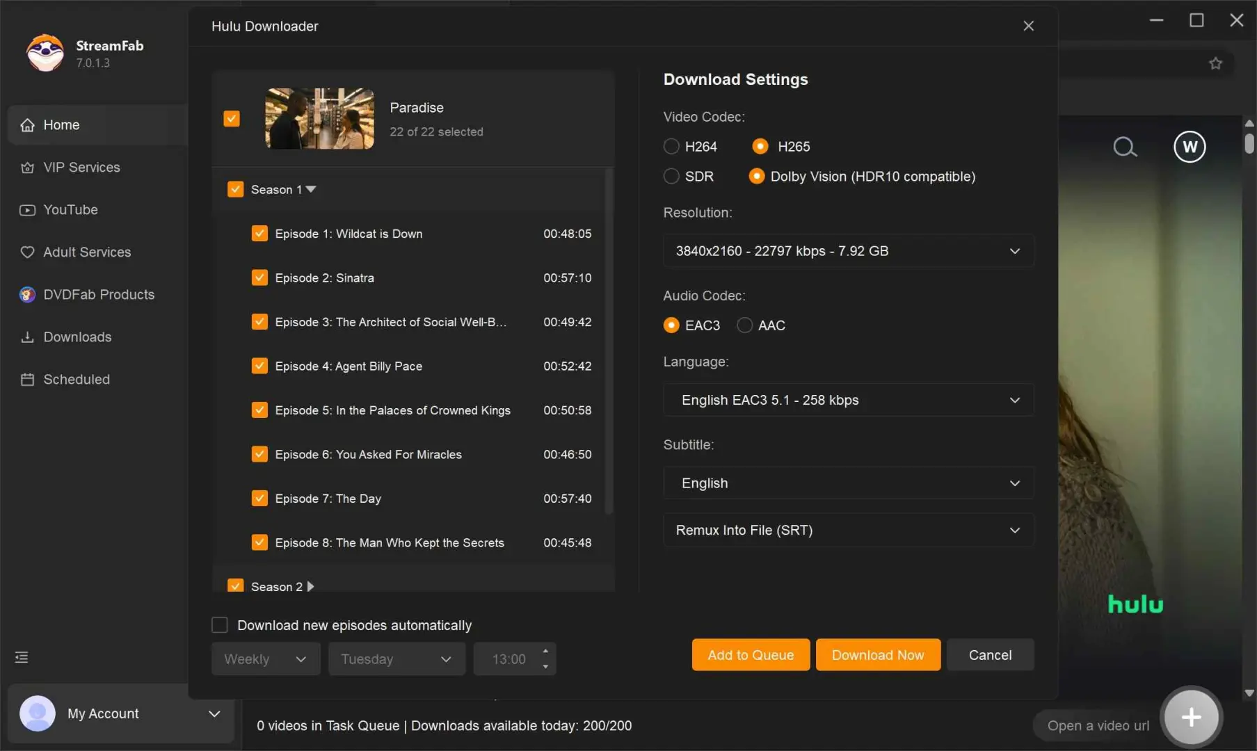 StreamFab Hulu Downloader quality and codec selection panel for an episode