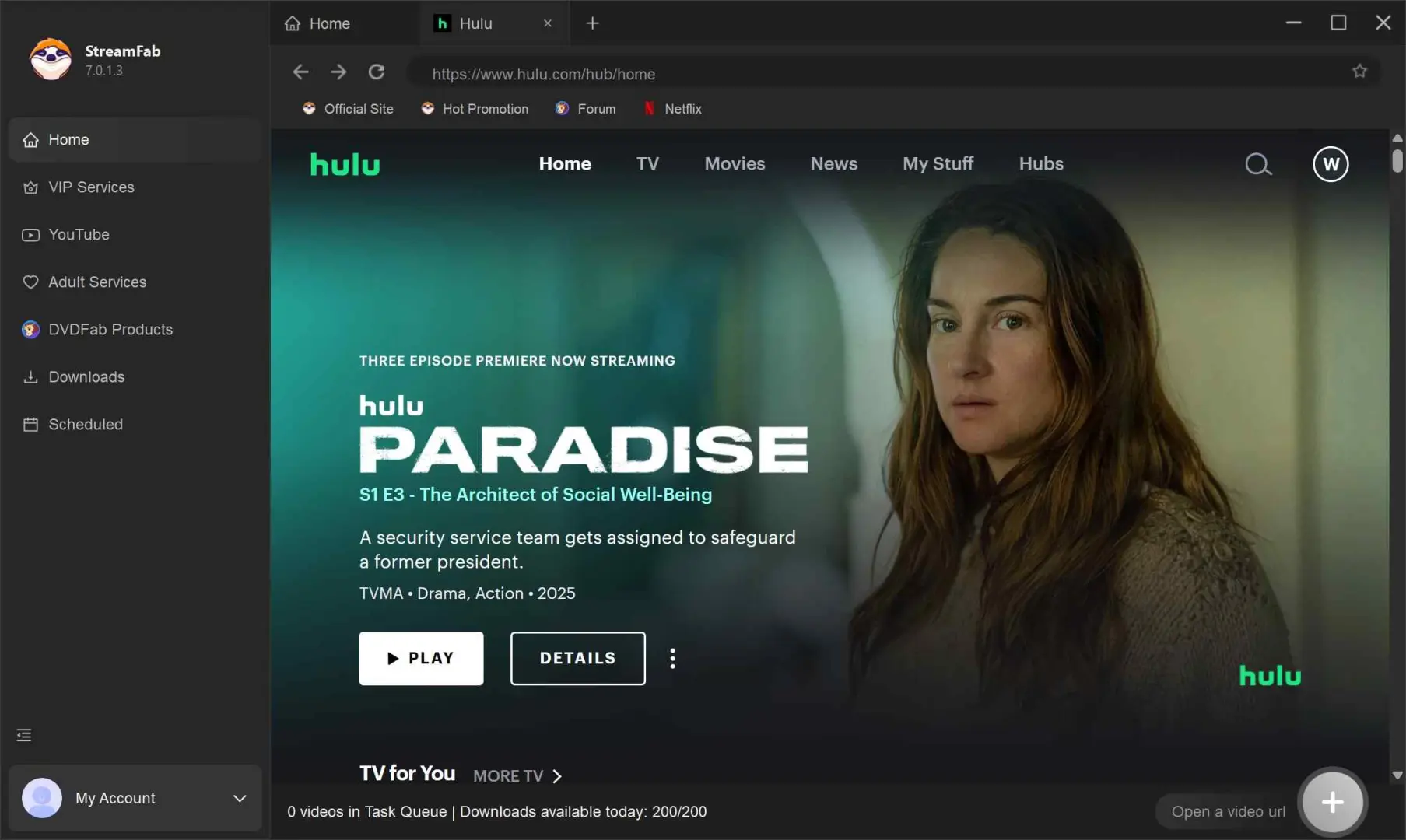 StreamFab built-in browser signing into Hulu account for offline saving