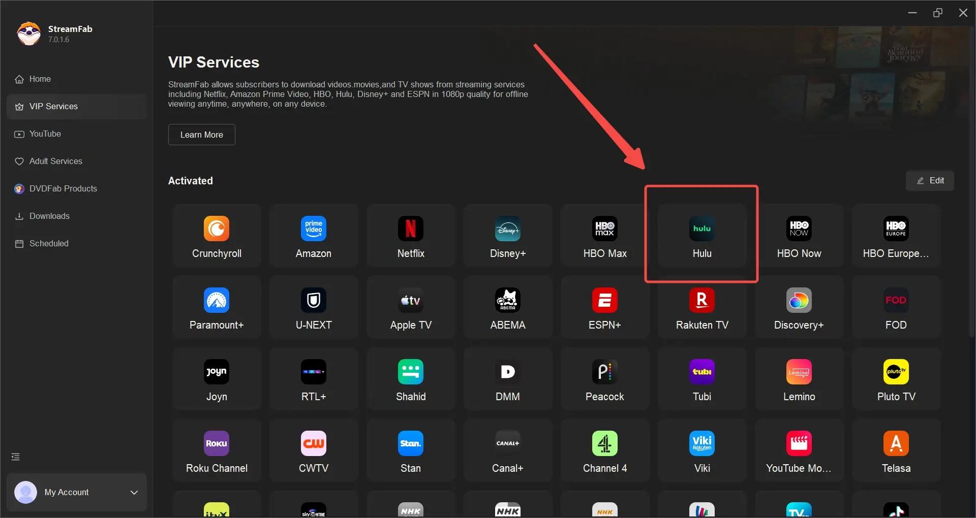 StreamFab Hulu Downloader home screen on Windows ready to add Hulu account
