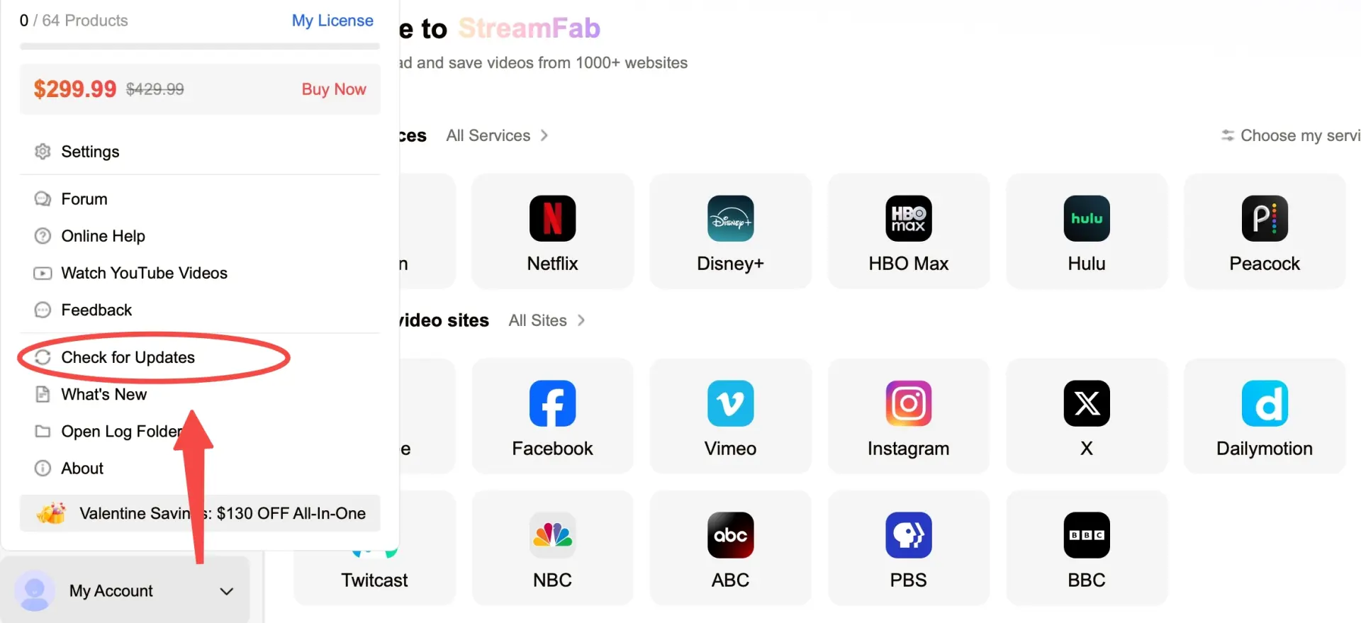 StreamFab Help menu showing Check for Updates for Netflix compatibility