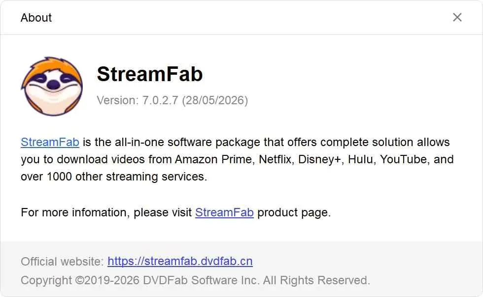 StreamFab main interface showing version information in the About section