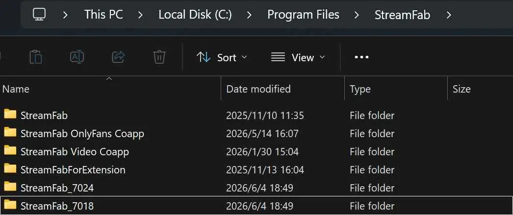 StreamFab multiple versions folder structure showing renamed version folders in Program Files
