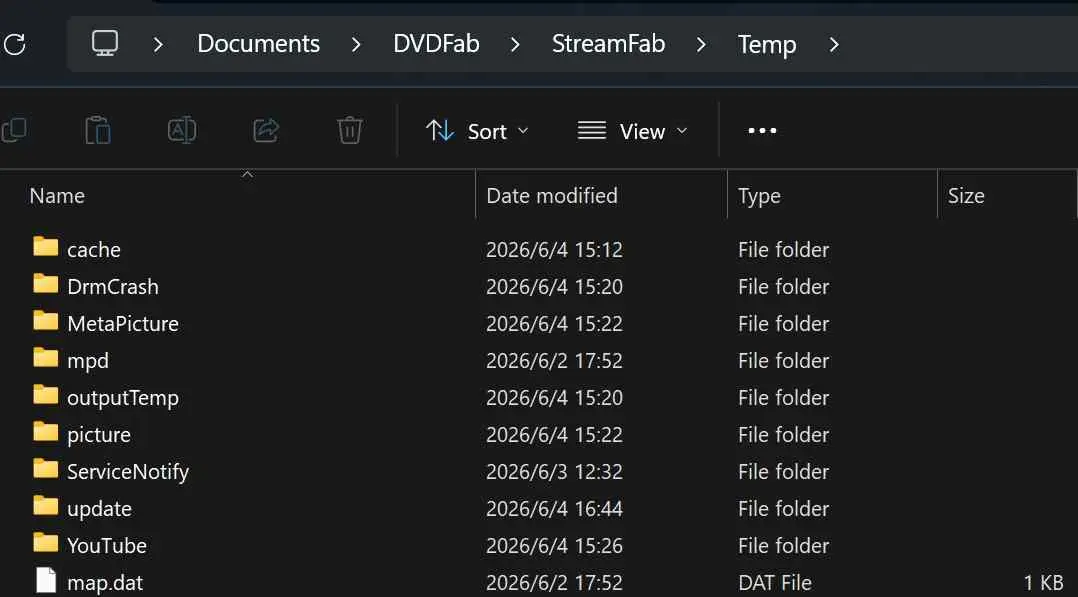 Windows File Explorer showing StreamFab Temp folder with contents selected for deletion