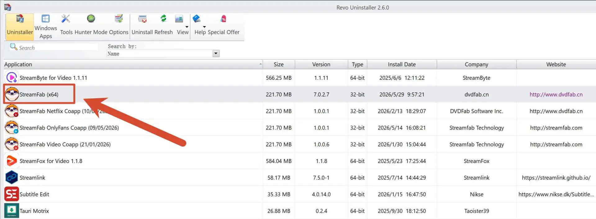 Revo Uninstaller interface showing StreamFab selected with Advanced scan option highlighted