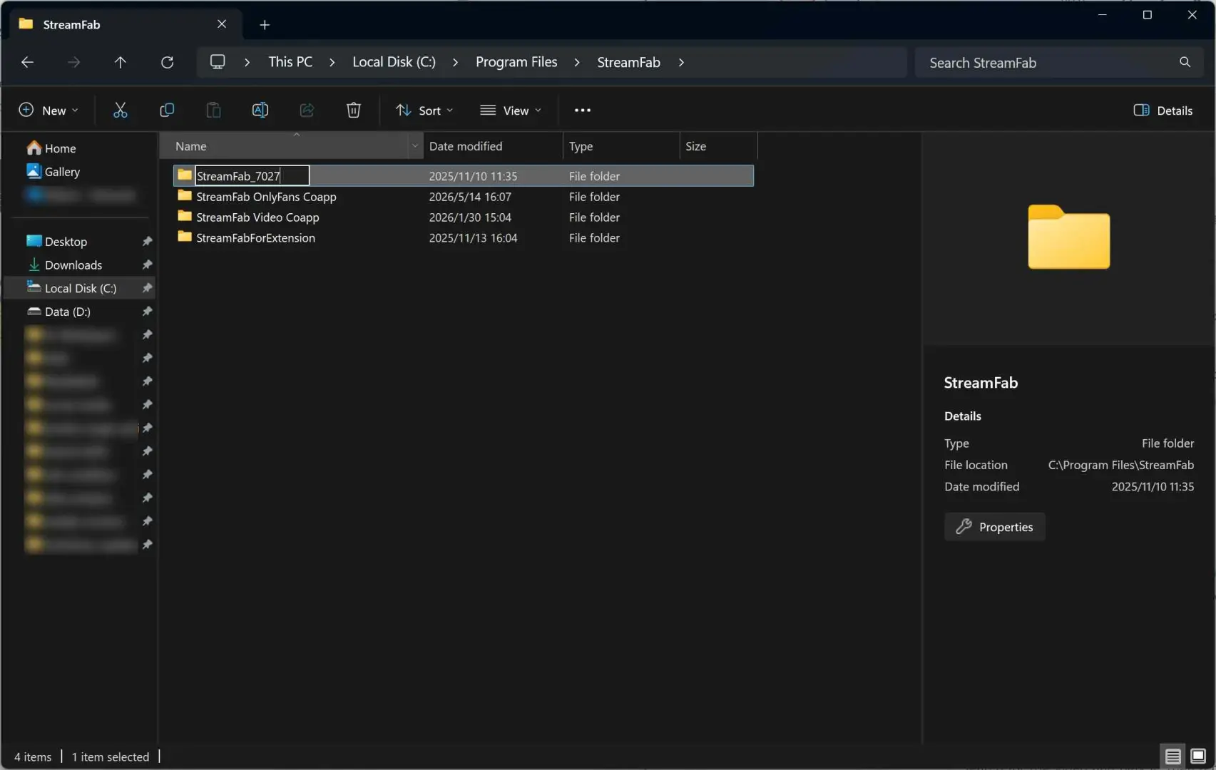 Windows File Explorer showing the ProgramFiles StreamFab folder being renamed to a version-specific name