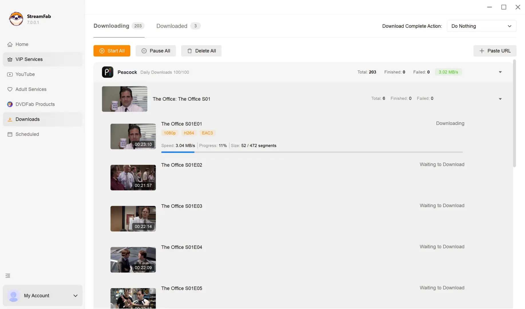 Peacock on-demand library browsed inside StreamFab built-in browser showing TV series options