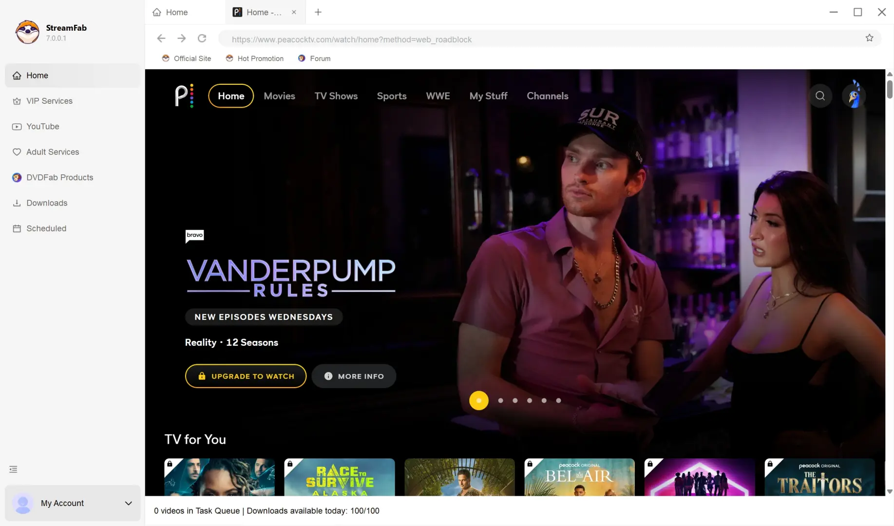 StreamFab main interface with Peacock streaming service selected in the left panel