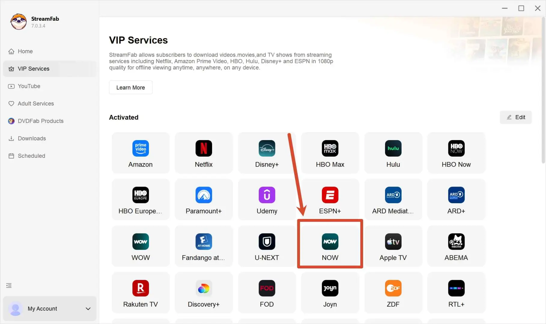 StreamFab desktop interface showing the NOW TV service tile selected for download