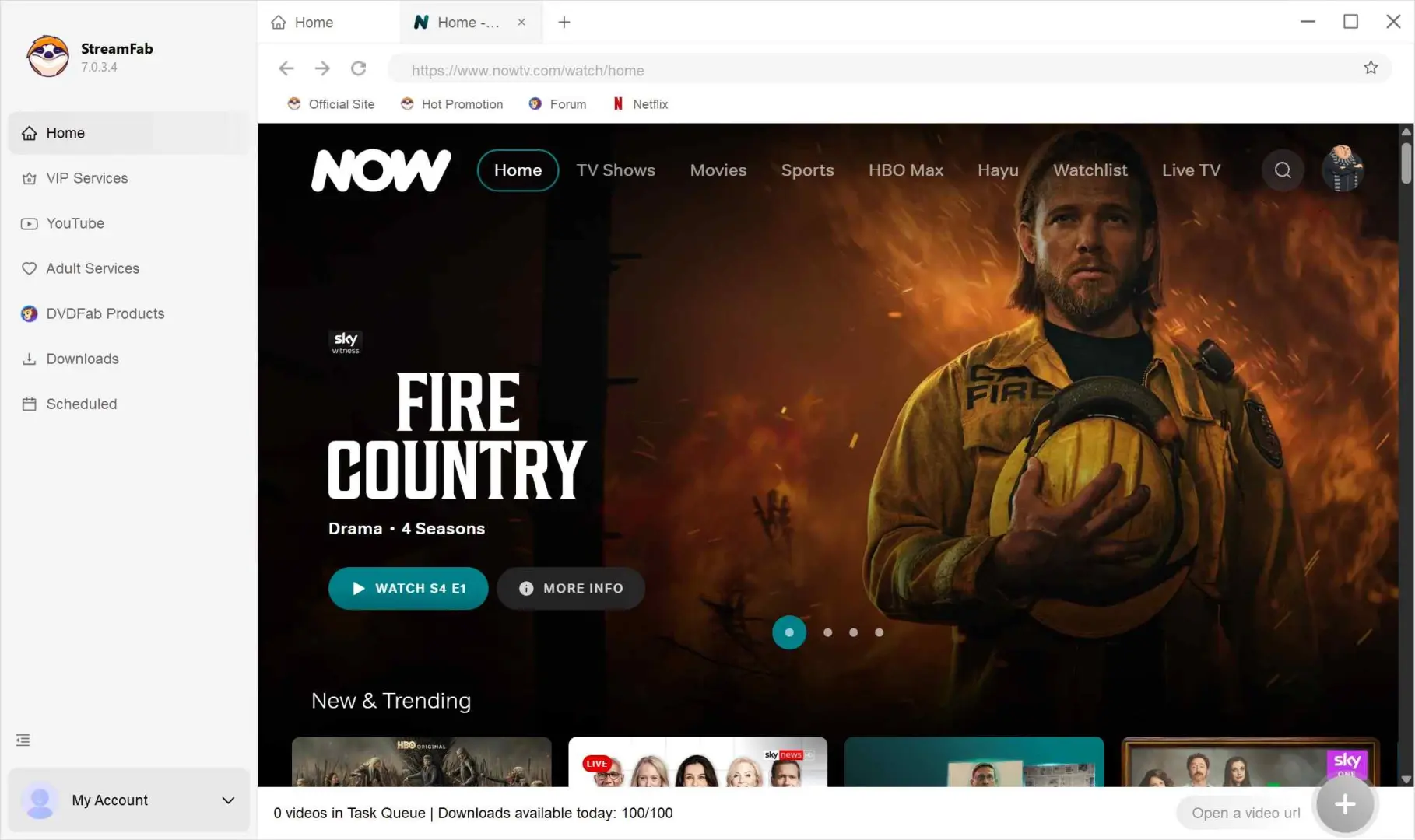 StreamFab NOW Downloader saving a NOW TV episode with quality and subtitle options visible