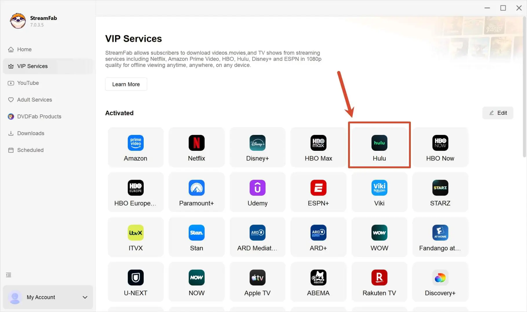 StreamFab Hulu Downloader step 1: pick Hulu from the streaming list to start a local download