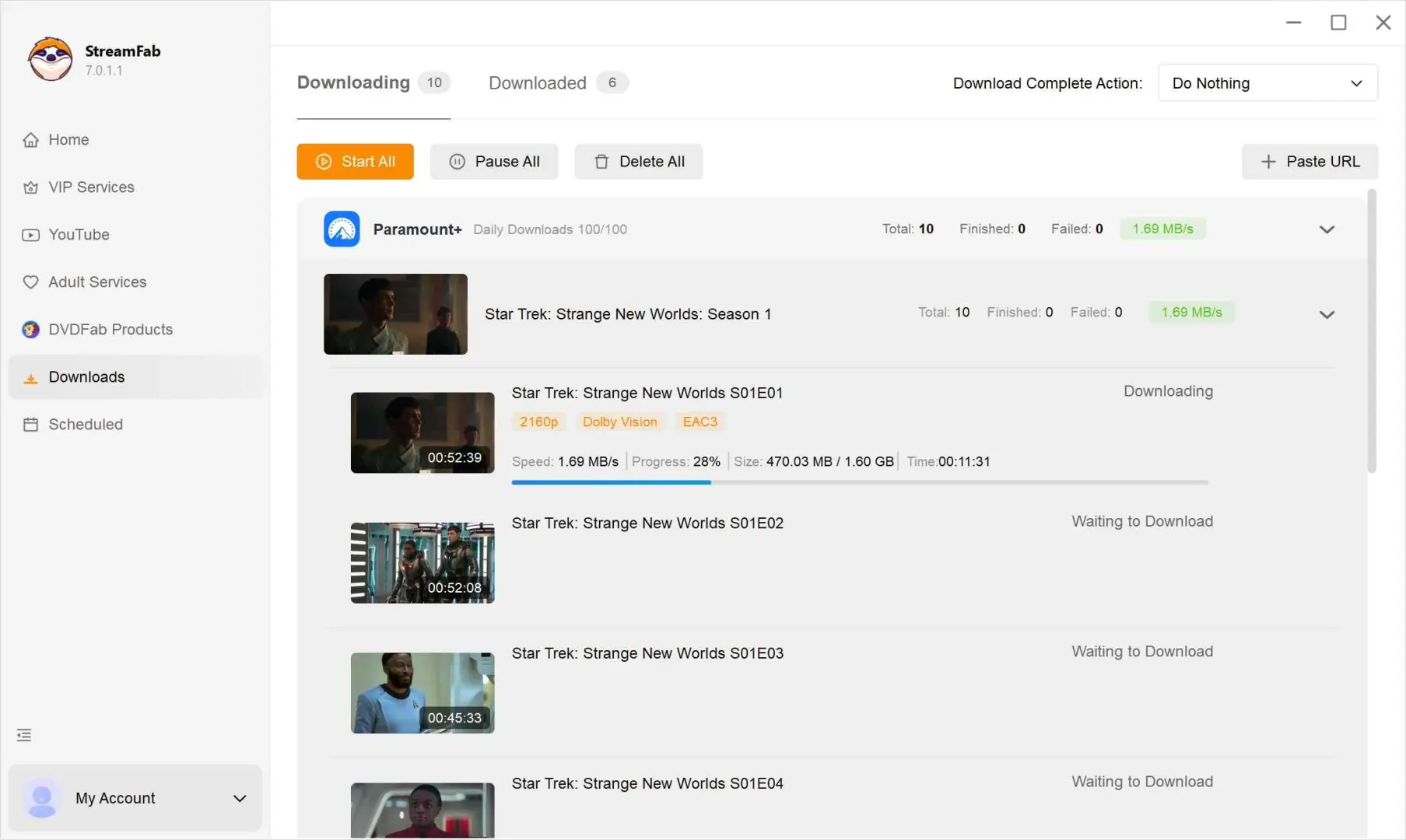 StreamFab download queue saving a Paramount+ episode as an MP4 file