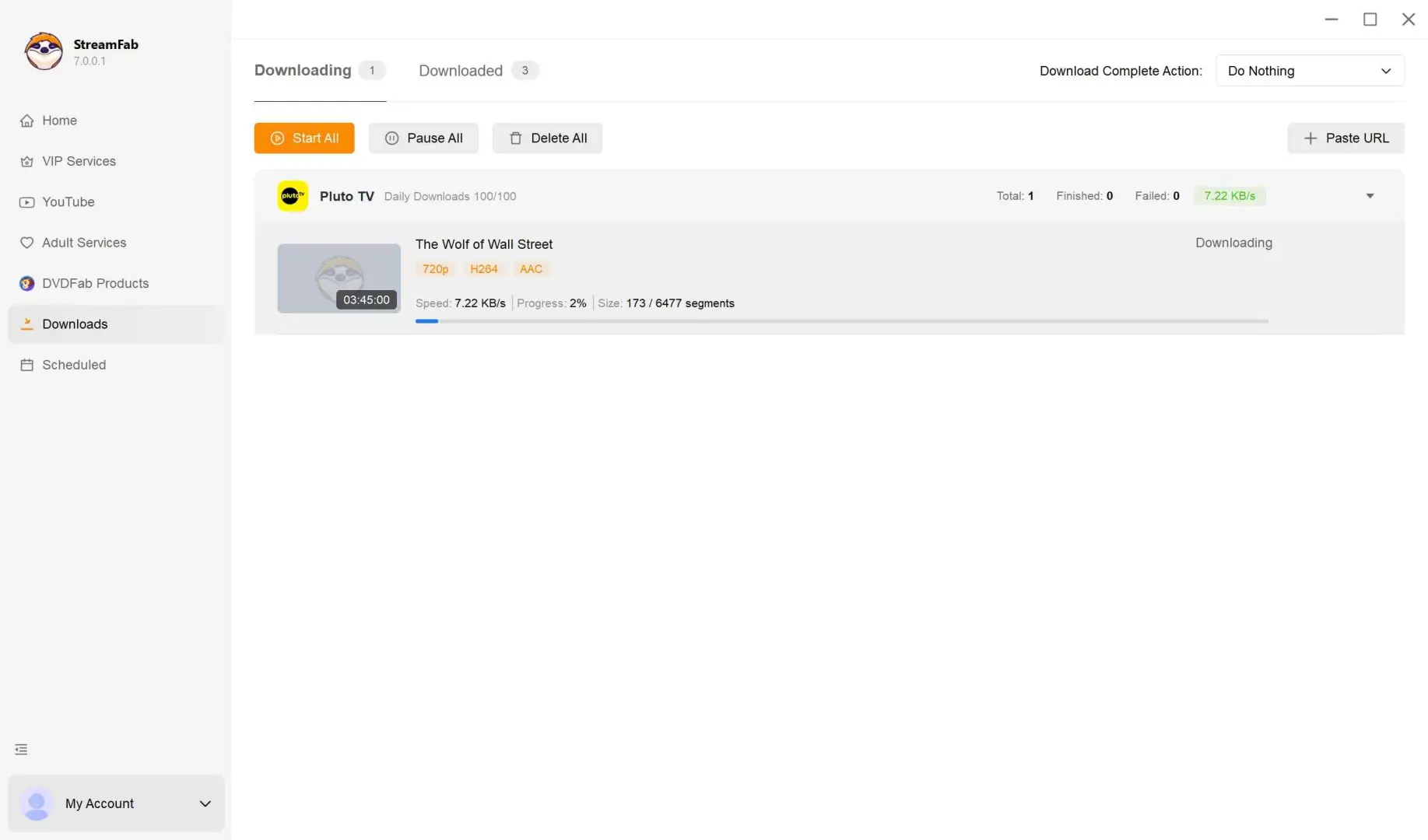 start saving a Pluto TV show as an MP4 file with StreamFab's download queue