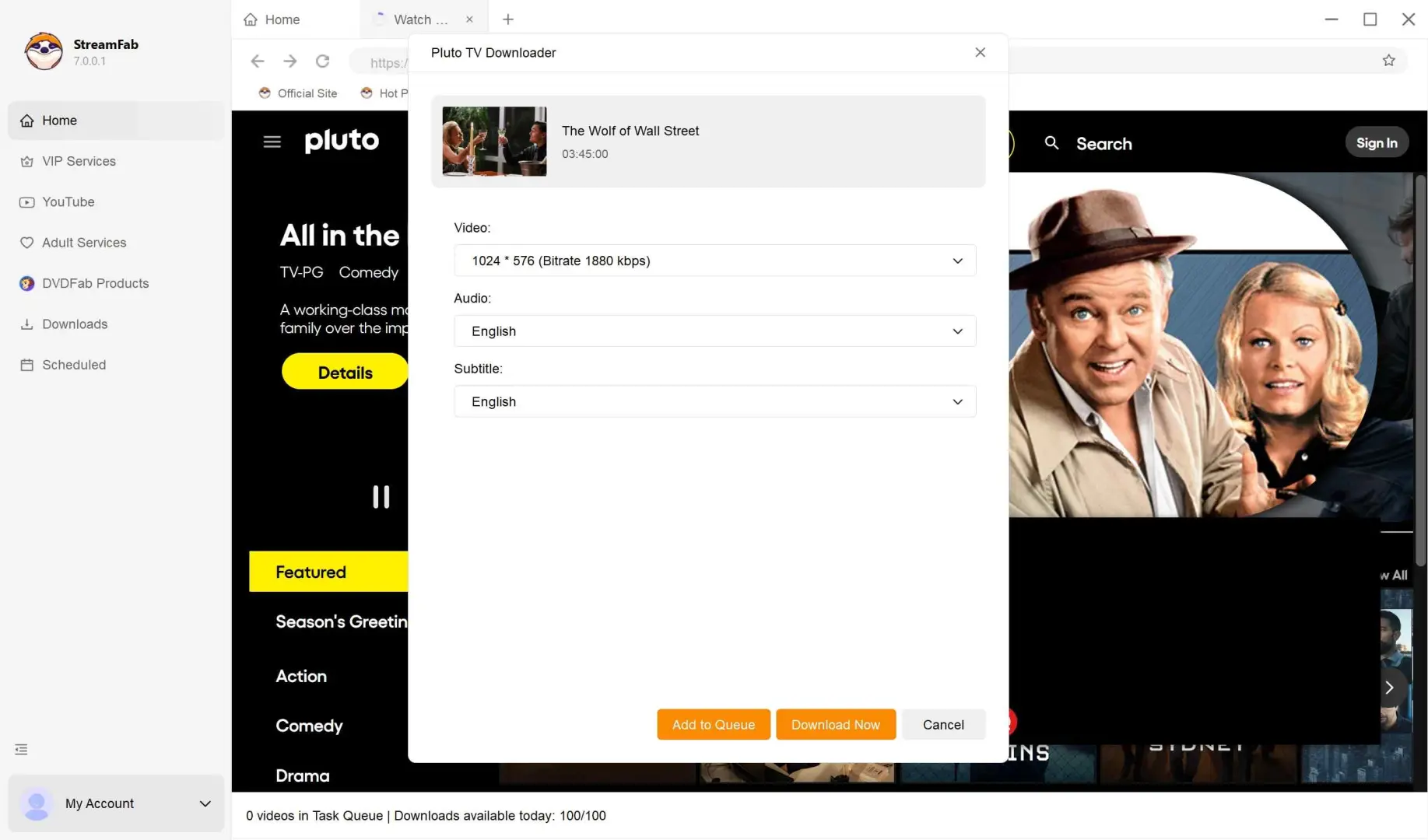 play a Pluto TV episode in StreamFab's built-in browser to trigger download options