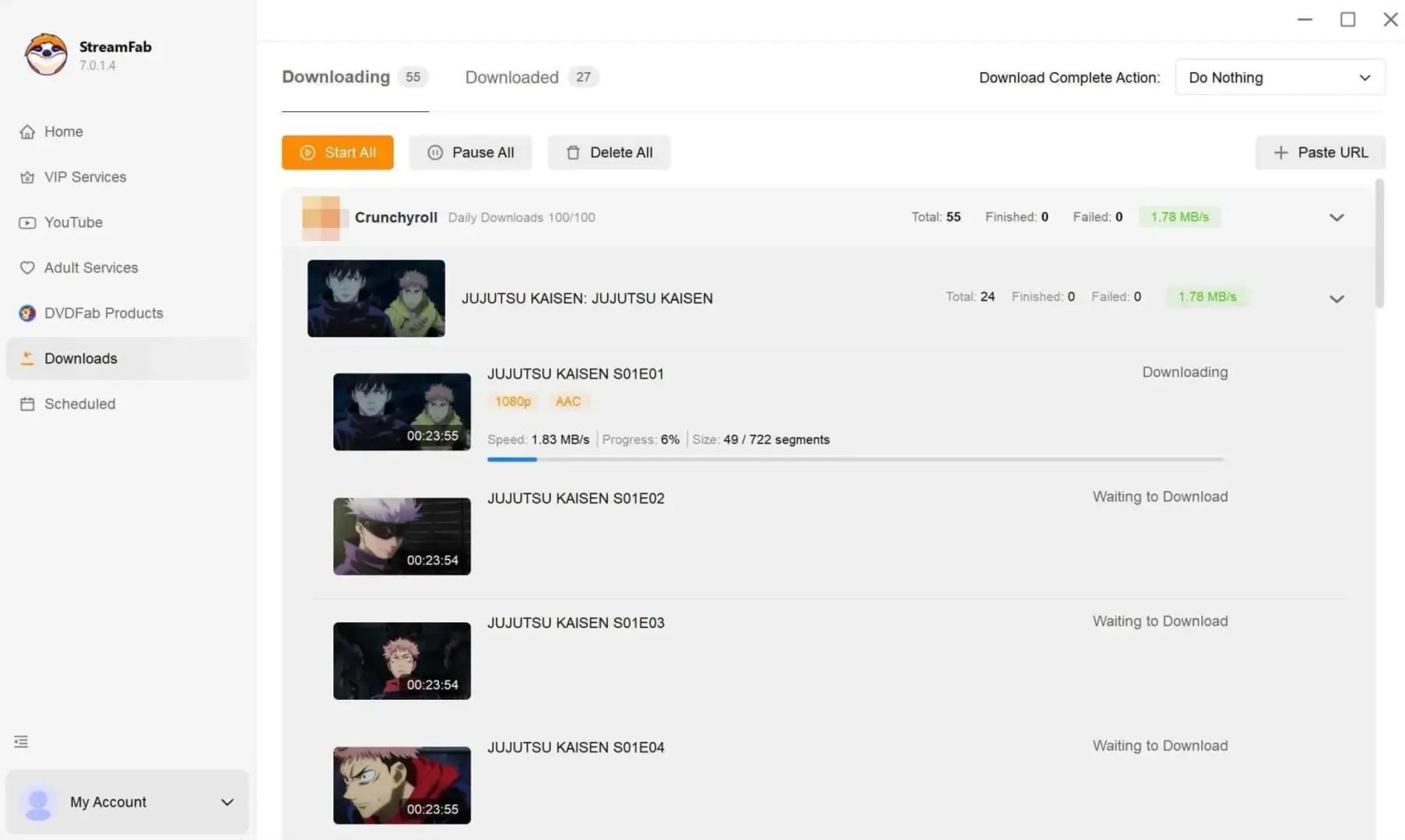StreamFab download queue showing a Crunchyroll episode saved as a local MP4 file
