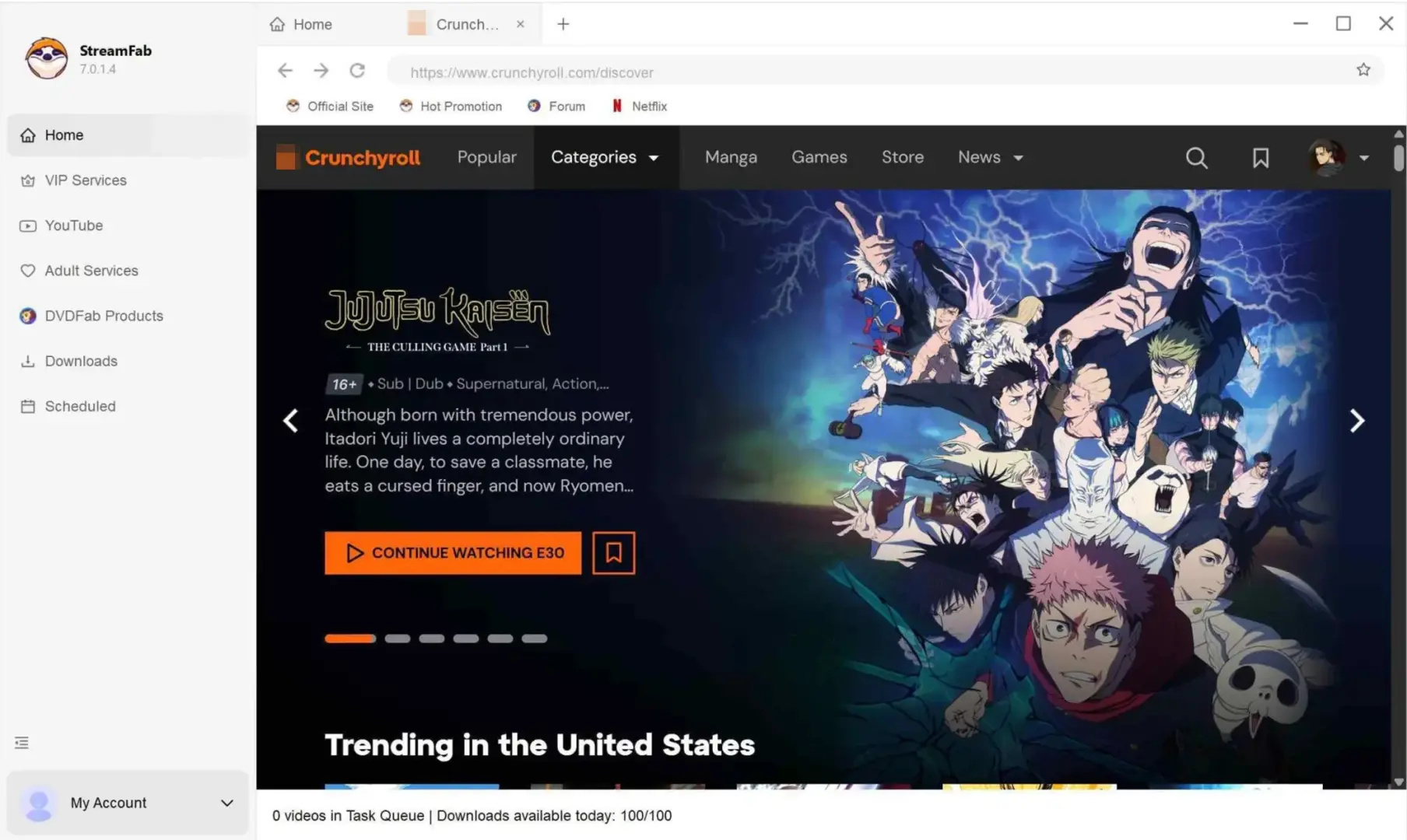 StreamFab VIP Services panel showing the Crunchyroll login and show browsing screen