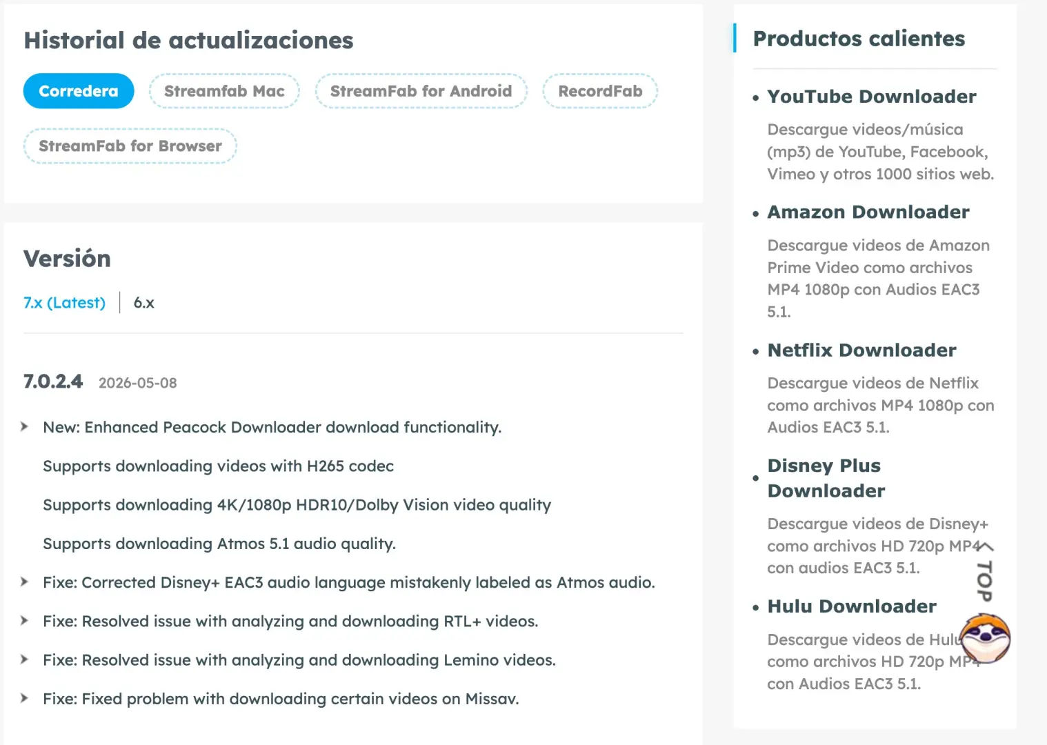 Historial de actualizaciones recientes de StreamFab mostrando las versiones y fechas de lanzamiento