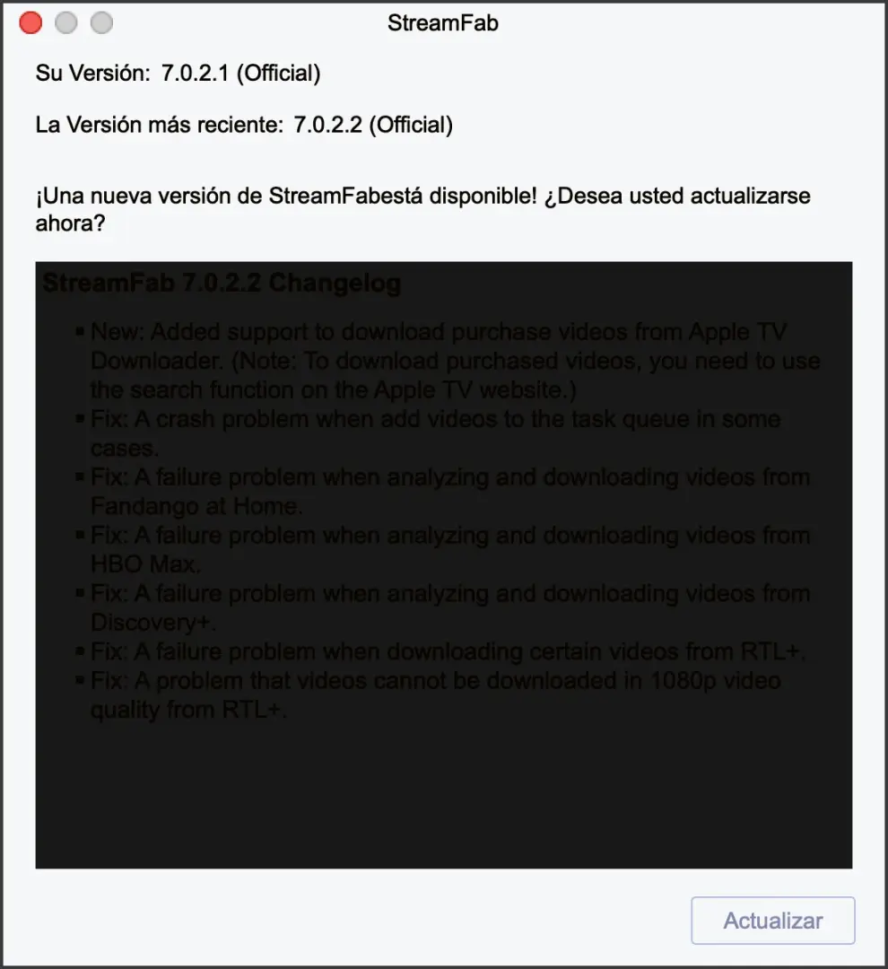 Diálogo de actualización de StreamFab mostrando la nueva versión disponible y el registro de cambios