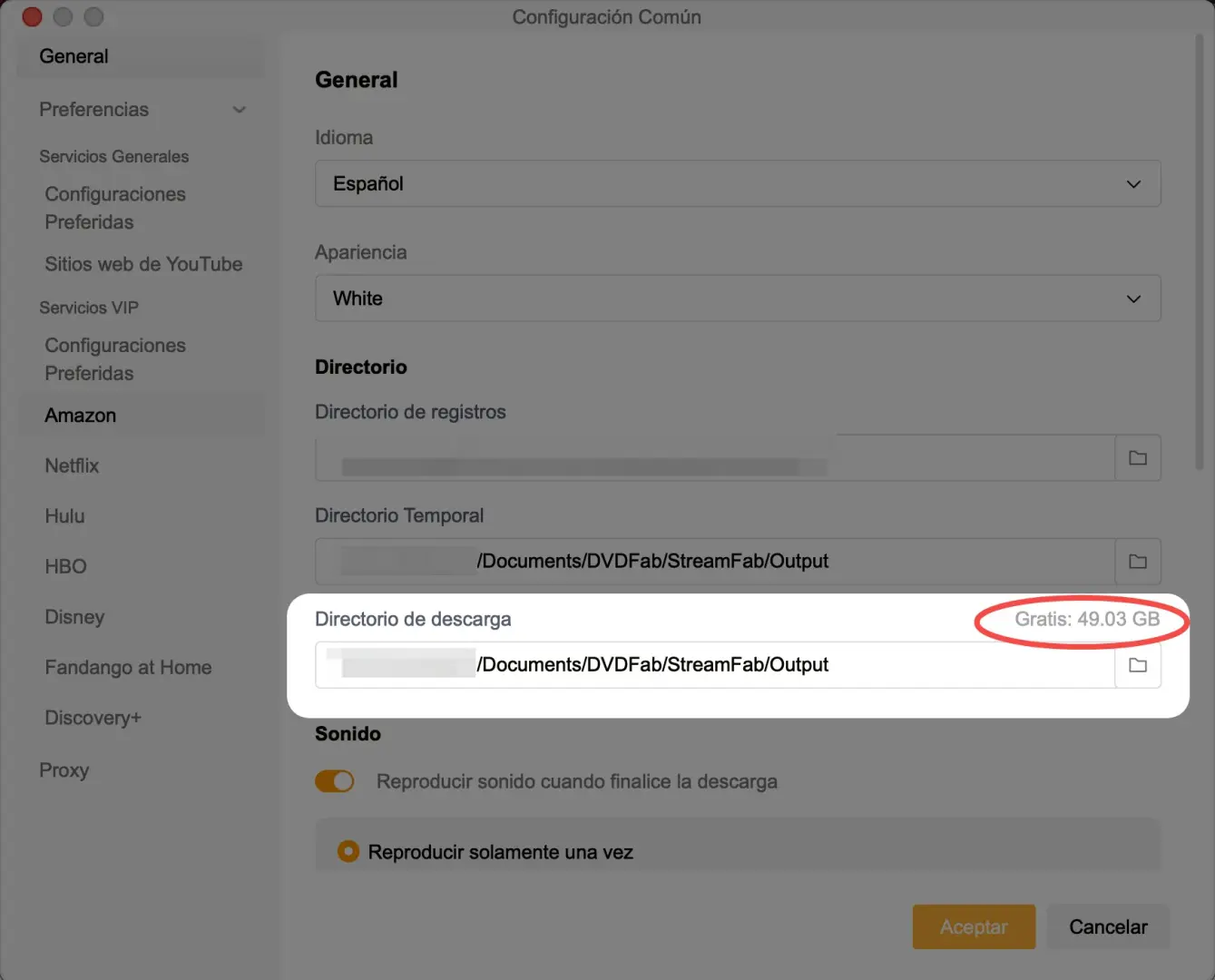 StreamFab con la carpeta de salida y el espacio disponible para diagnosticar el error 802