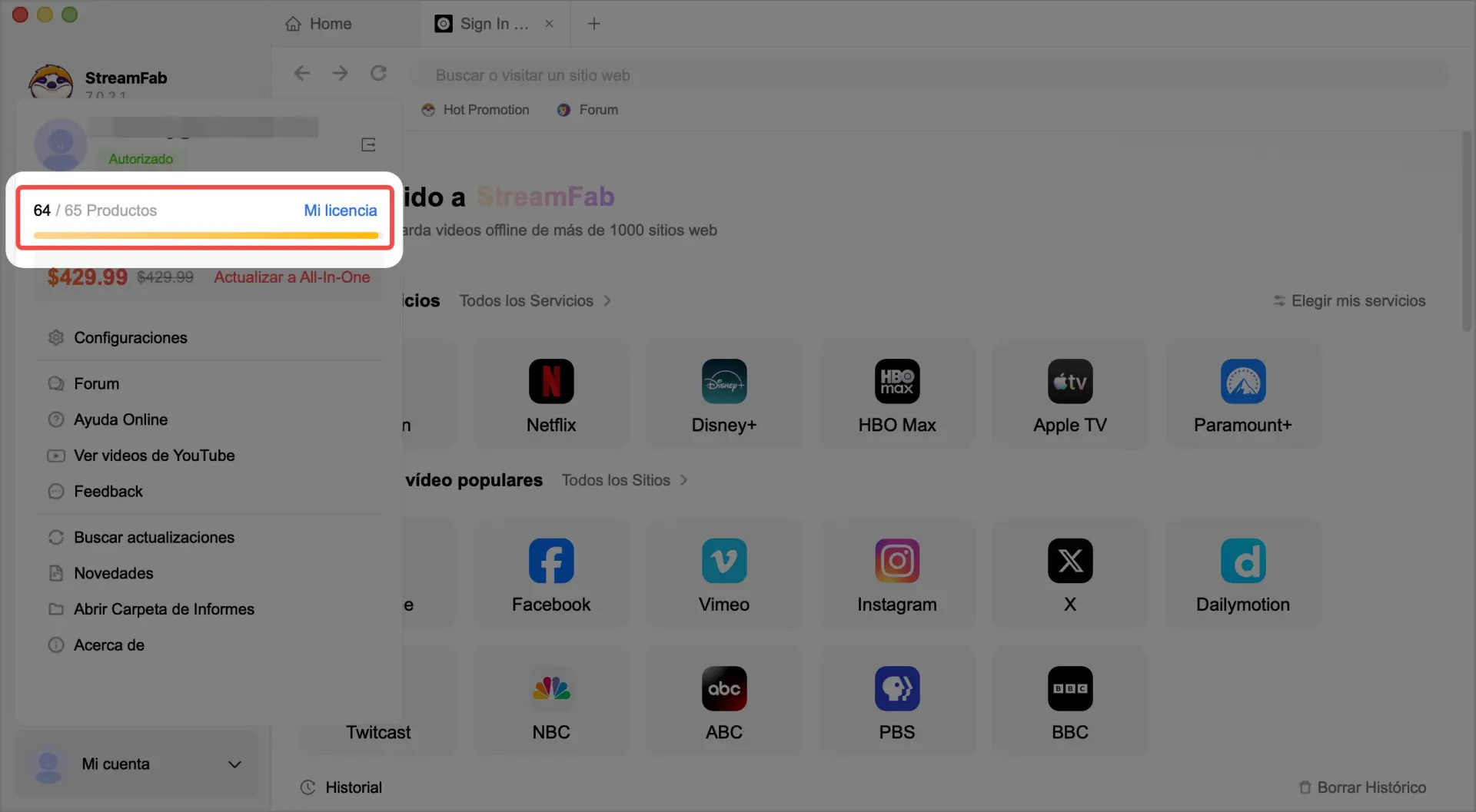 StreamFab en el navegador integrado para renovar la sesión de una plataforma