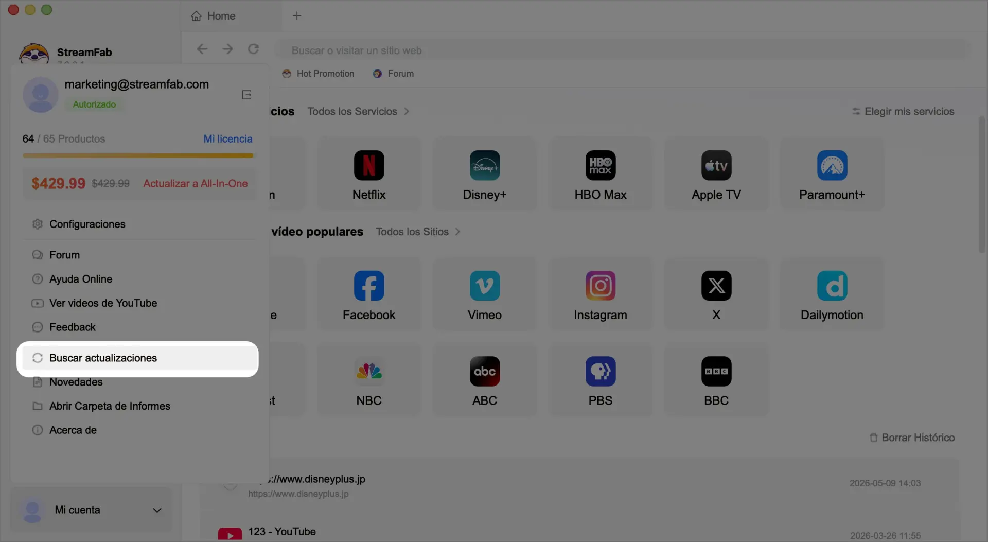 StreamFab con el menú de actualizaciones abierto para revisar la versión instalada